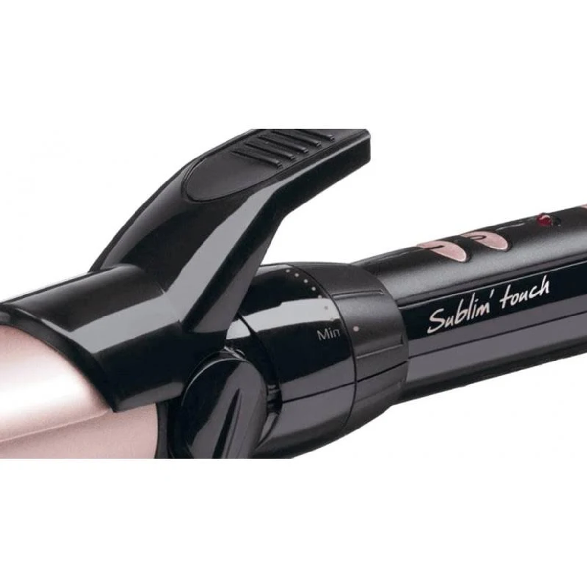 Czarna lokówka z różowo-złotą grzałką. Posiada czarny uchwyt i pokrętło temperatury.