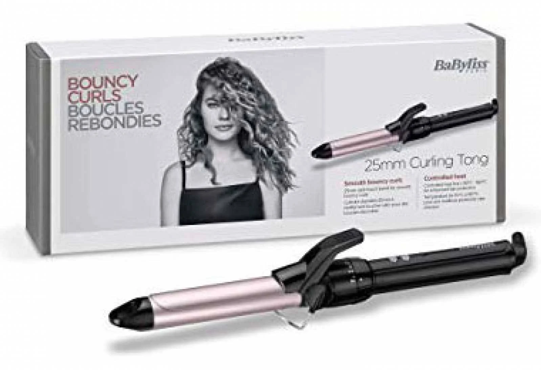 Pudełko z lokówką. Na pudełku znajduje się wizerunek kobiety. Prostownica jest czarna i różowa.