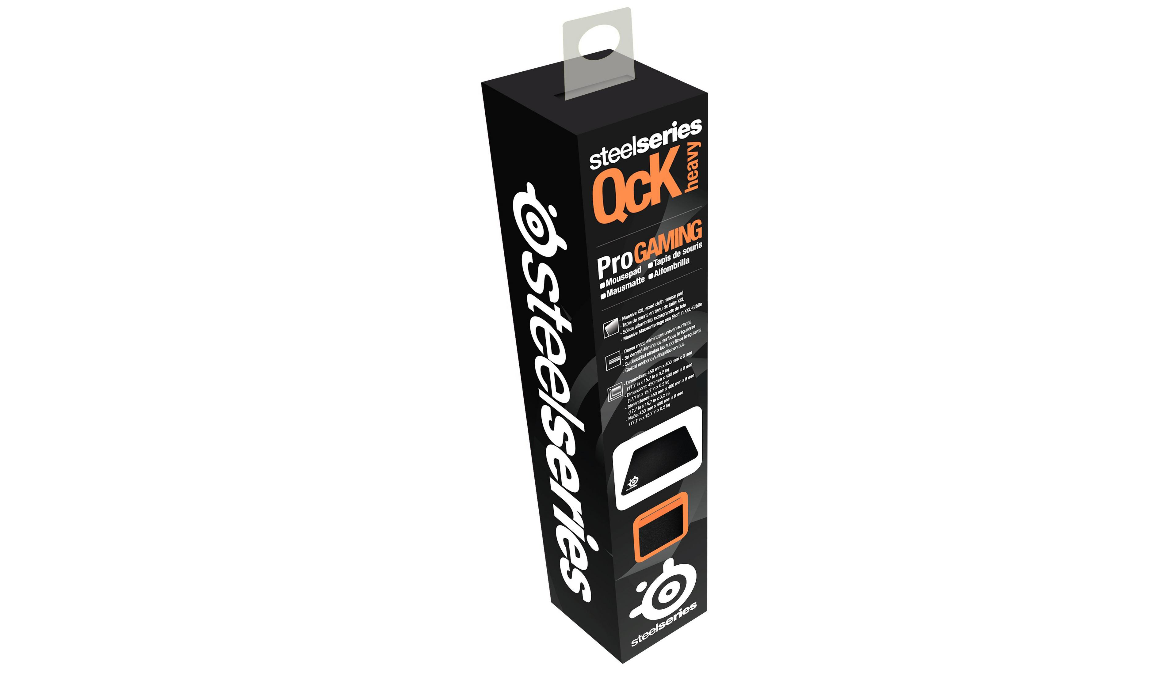 Black and orange gaming mousepad in packaging. White background.