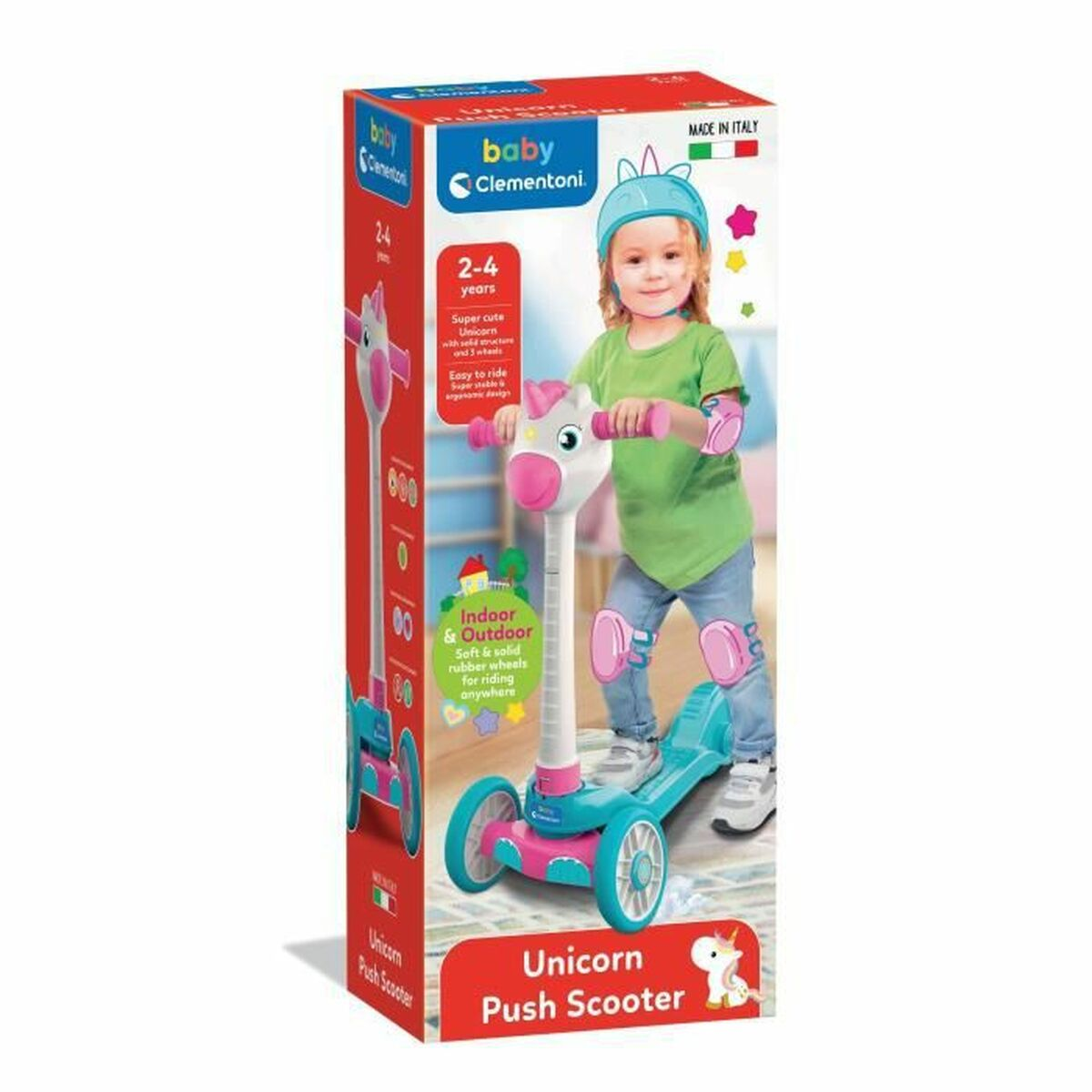 Ein Einhorn-Tretroller für Kinder mit einem Kind auf der Verpackung.
