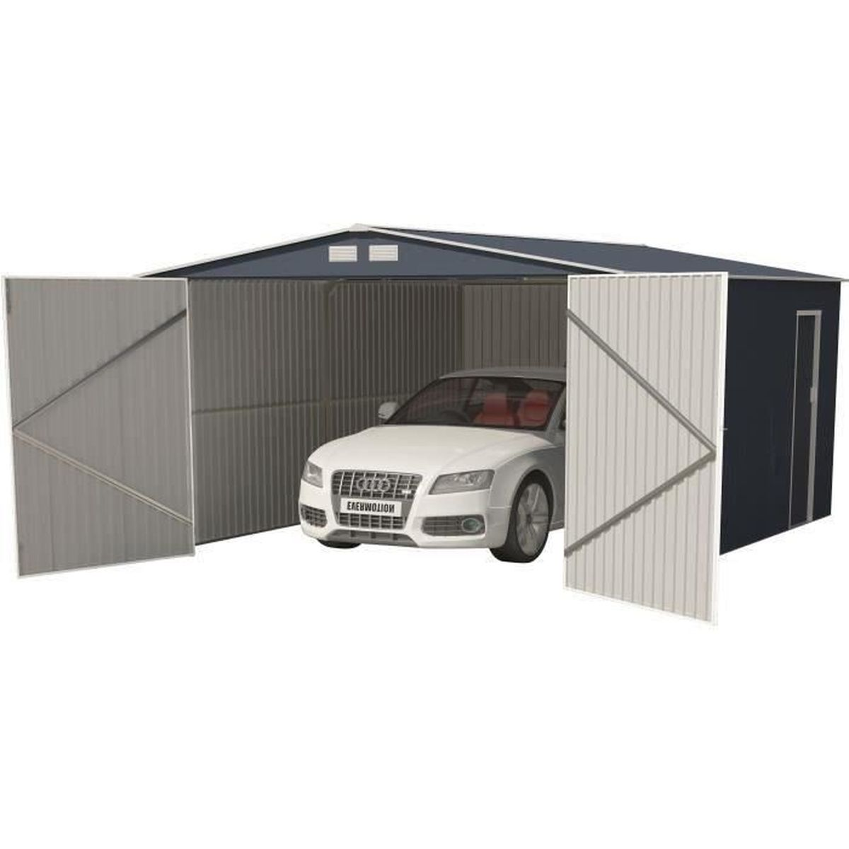 Ein weißes Auto in einer Garage geparkt. Die Garage hat offene Türen.
