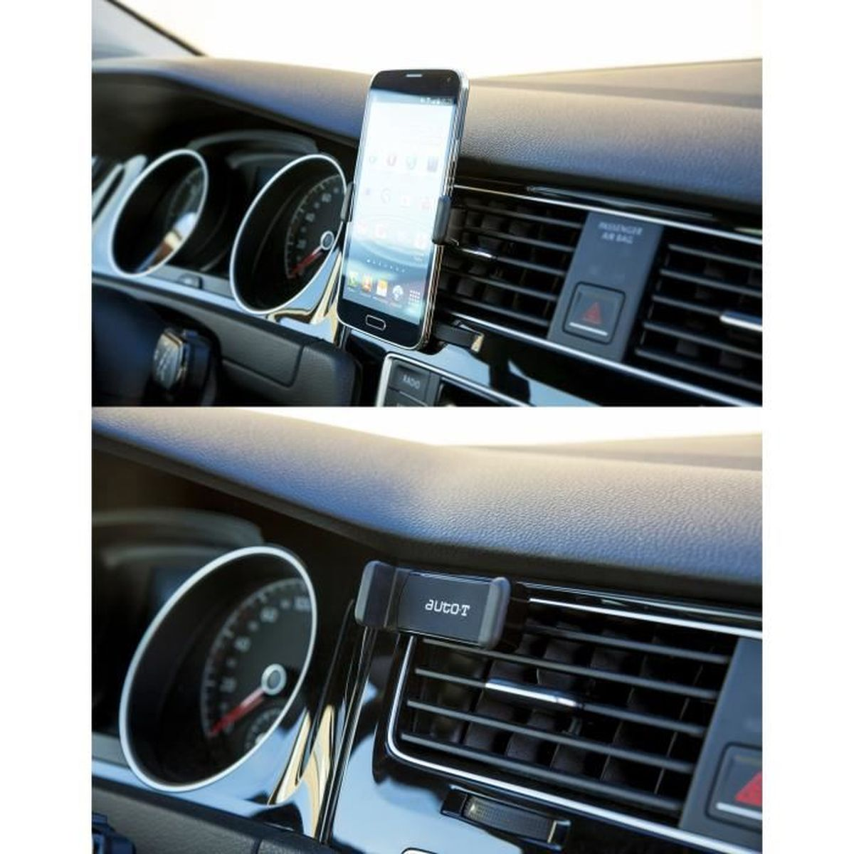 Armaturenbrett mit Telefonhalter und Telefon.