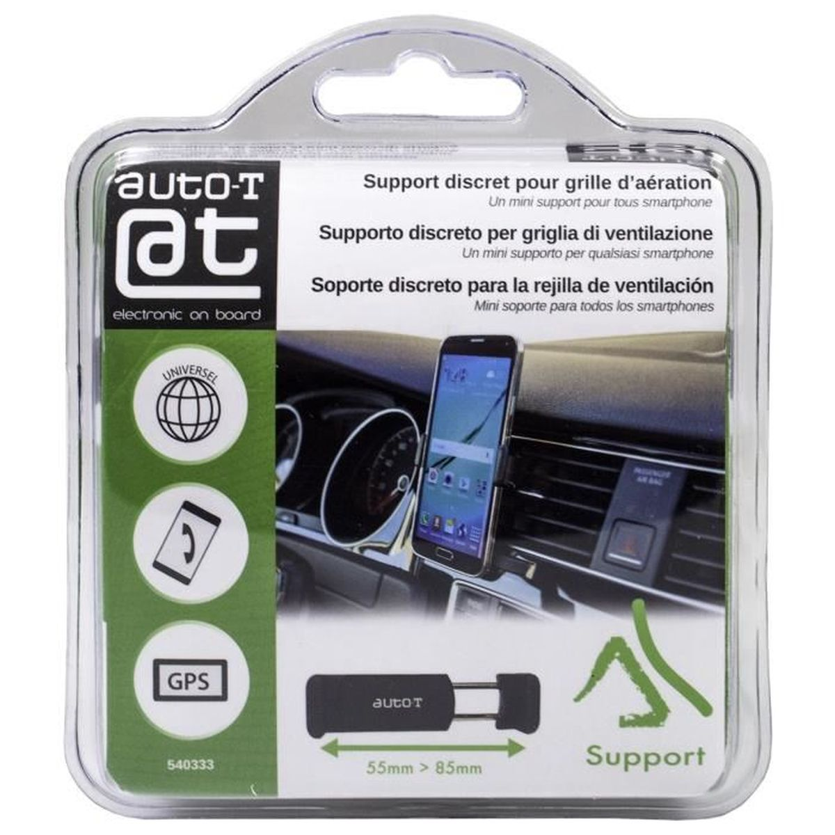 Smartphone-Halterung im Auto, an Armaturenbrett und Windschutzscheibe.