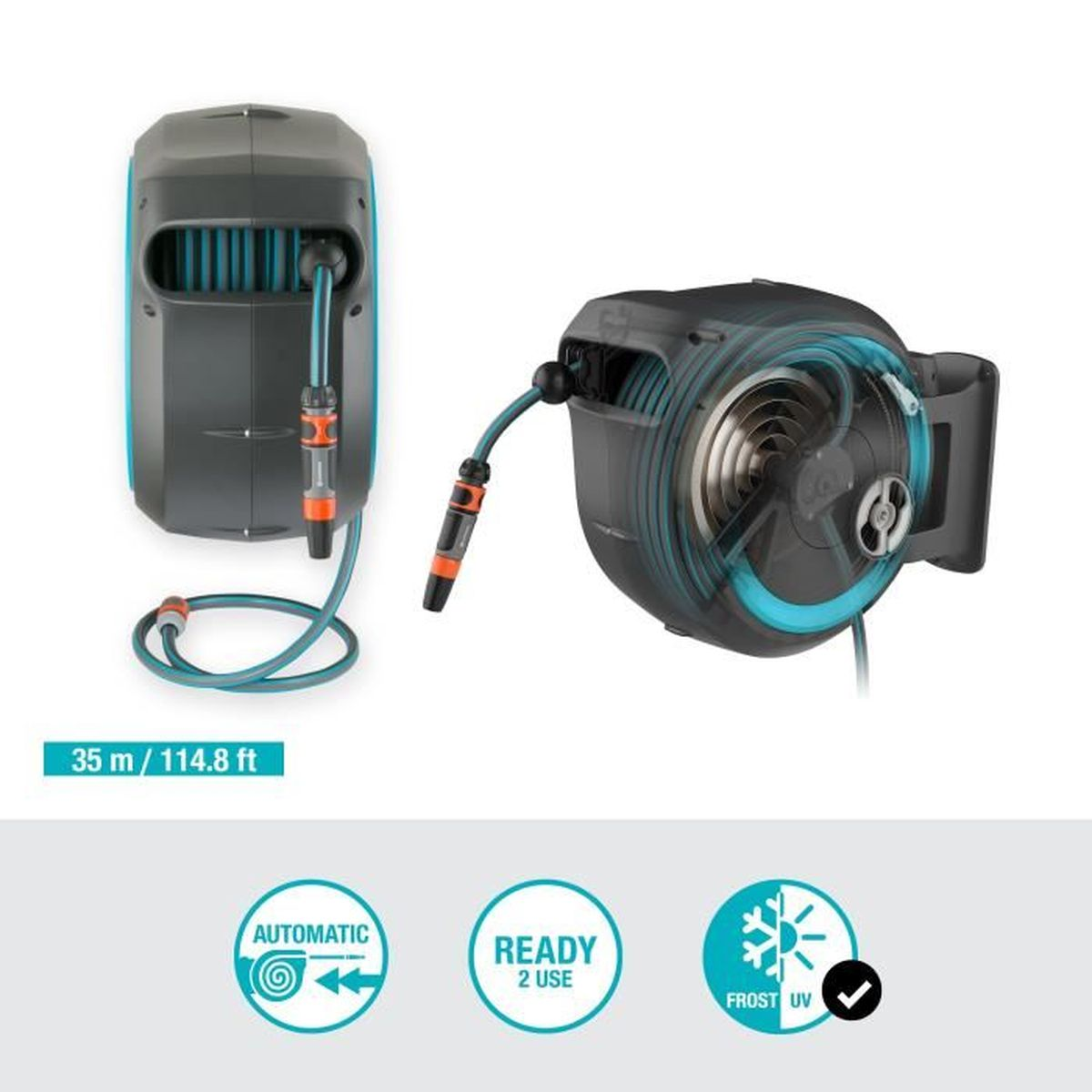 Un avvolgitubo da giardino blu e nero, con un tubo collegato. Icone per automatico, pronto all'uso e protezione antigelo.