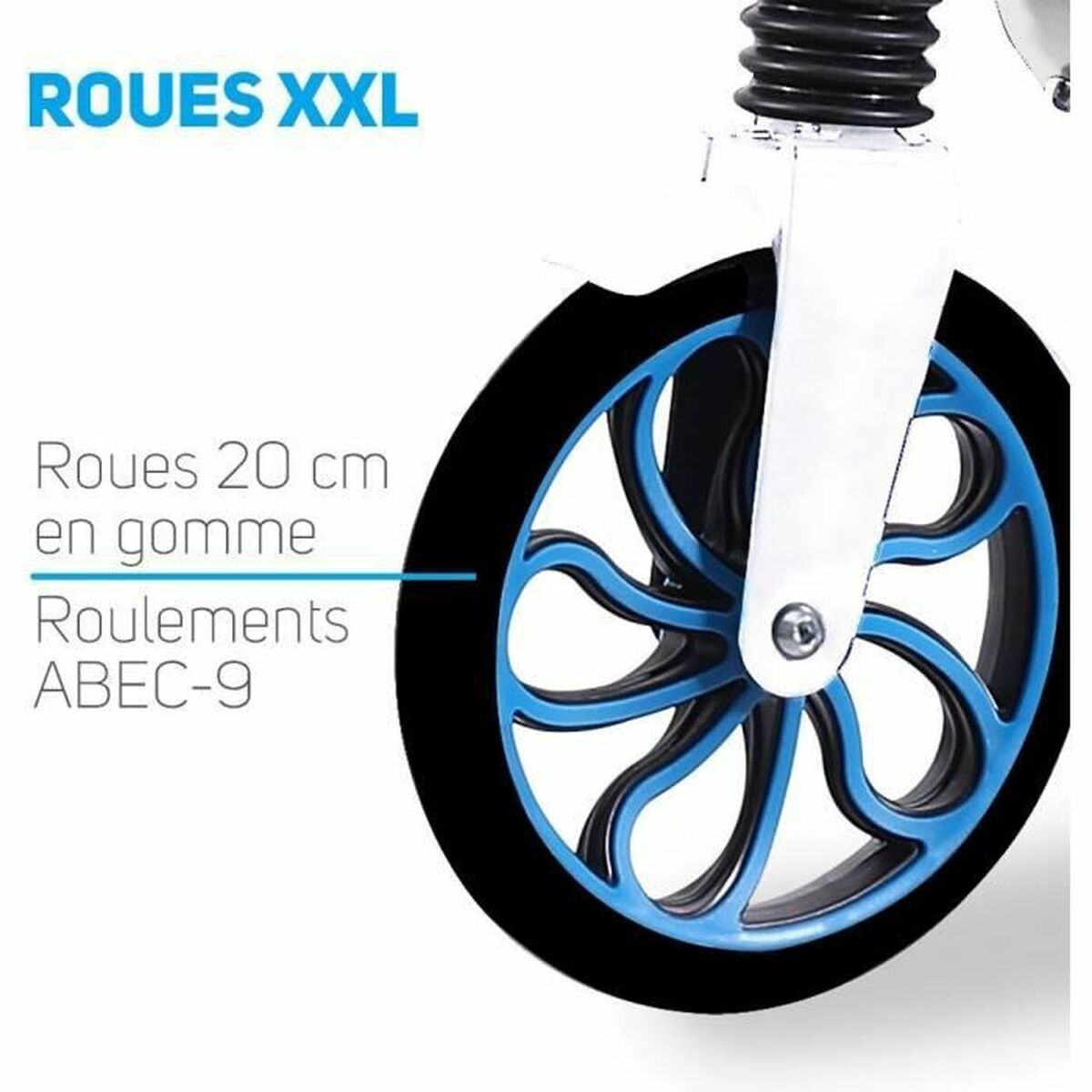 Roller-Rad mit blauem Design, schwarzem Reifen und französischem Text, vor weißem Hintergrund.