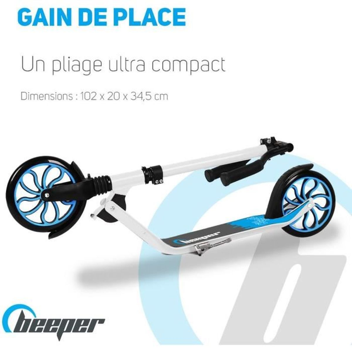 Weiß-blauer Roller mit Text, Rädern und Abmessungen.