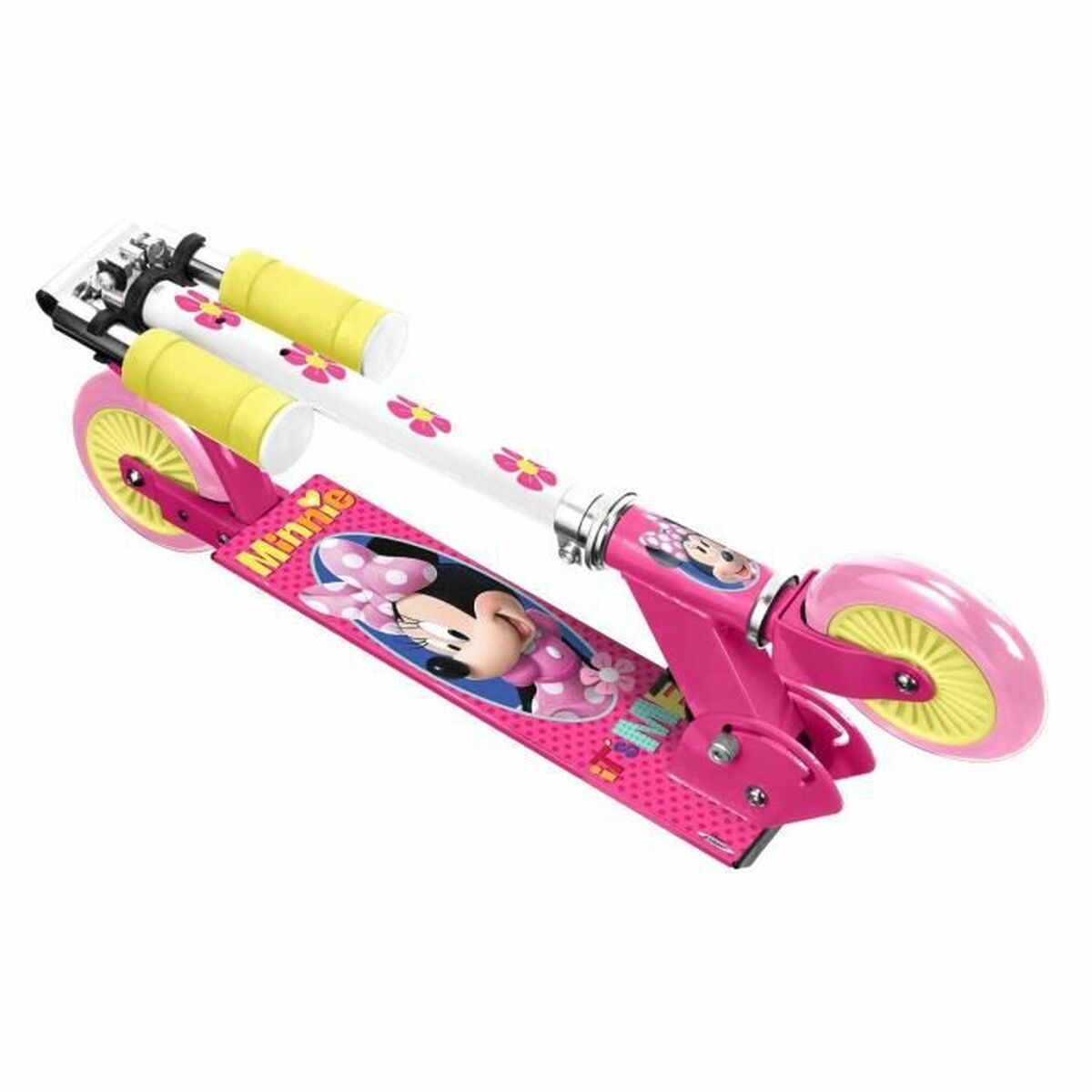 Pinkfarbener Minnie Maus-Roller mit gelben Rädern und Lenker, auf weißem Grund.