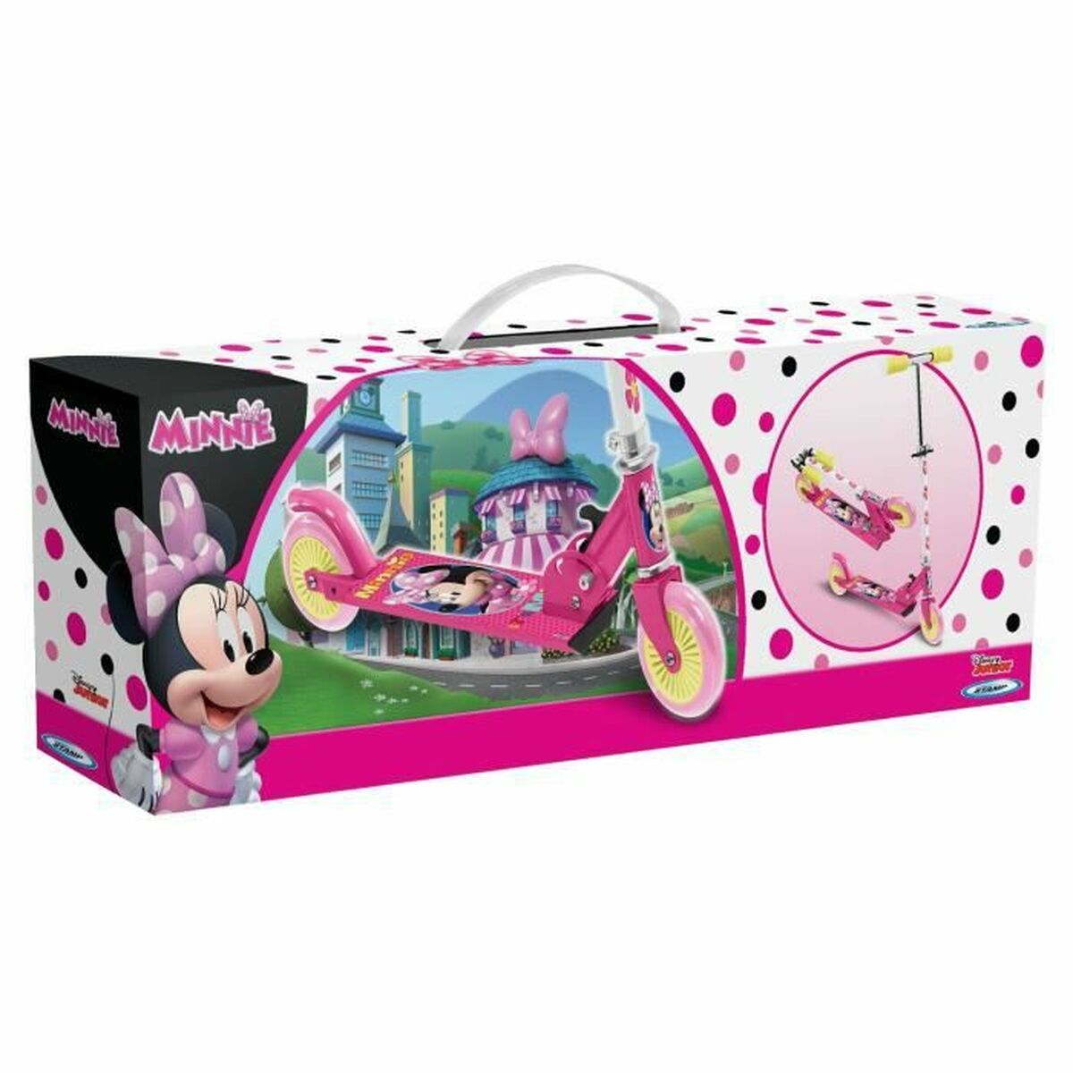 Ein pinkfarbener Minnie-Maus-Roller in seiner Box, mit einem Bild von Minnie Maus auf der Box und dem Roller.