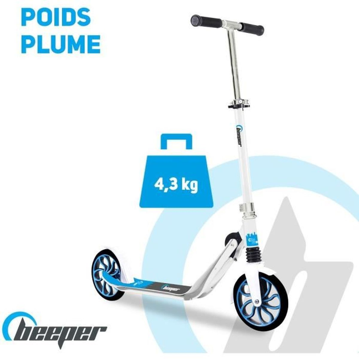 Weiß-blauer Roller mit Text, zeigt das Gewicht von 4,3 kg und das Wort "Beeper".
