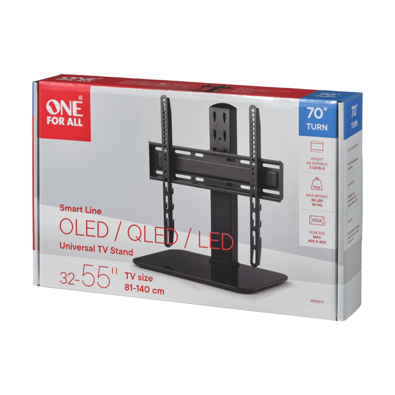 Doos voor een tv-standaard, met het merk ONE FOR ALL, en details zoals tv-grootte en VESA-maat.
