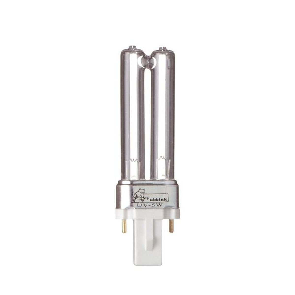 Eine UV-SW-Lampe mit zwei vertikalen Glasröhren und einem weißen Sockel, weißer Hintergrund.