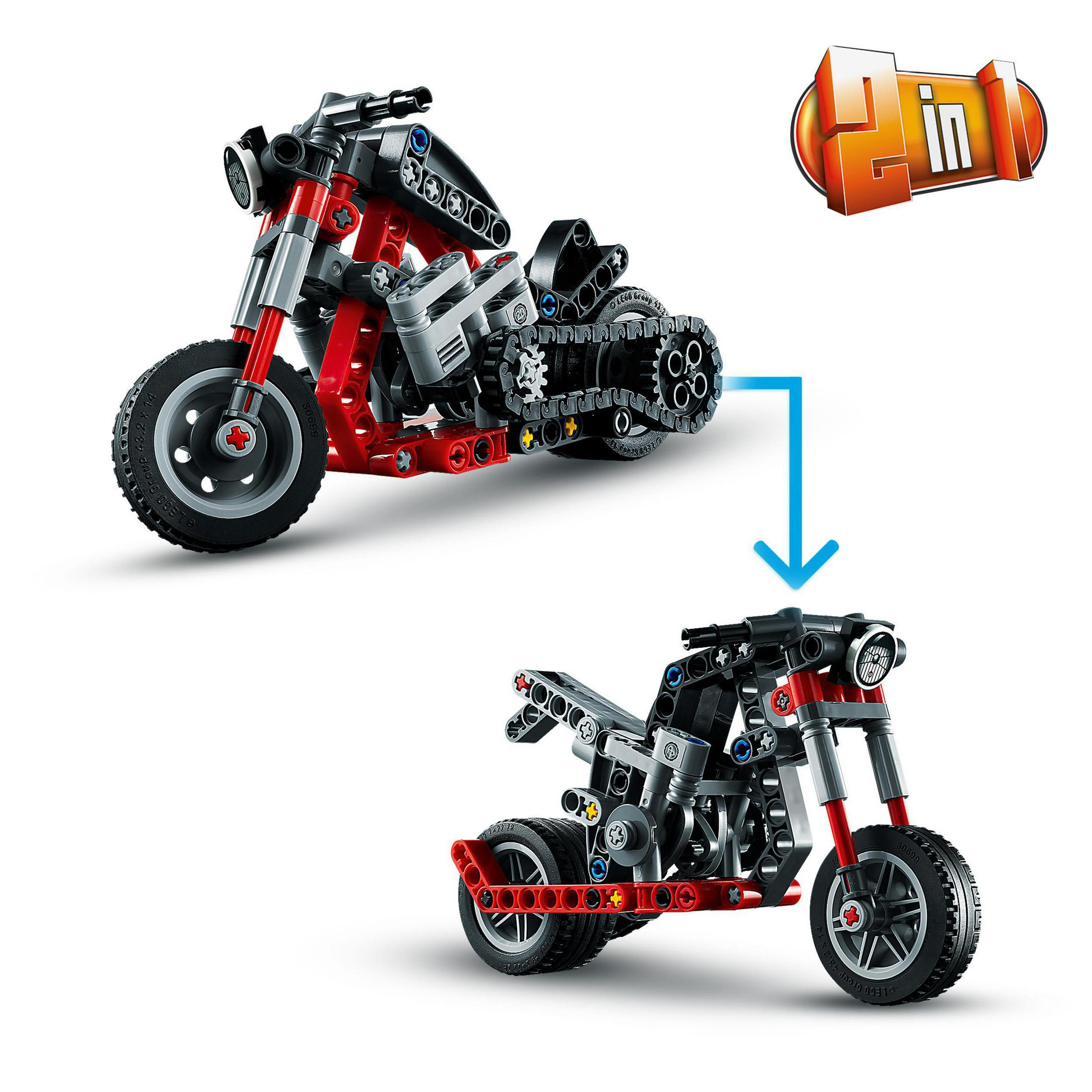 Kırmızı ve siyah bir Lego motosikletin iki modeli. Birleştirilmiş, bir sökülmüş.