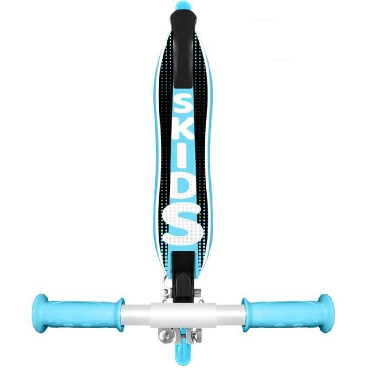 Blau-weißer Roller mit dem Wort SKIDS. Der Lenker ist blau.
