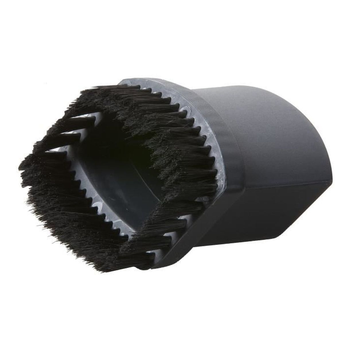 Accesorio de cepillo negro para aspiradora con cerdas, sobre una superficie blanca.