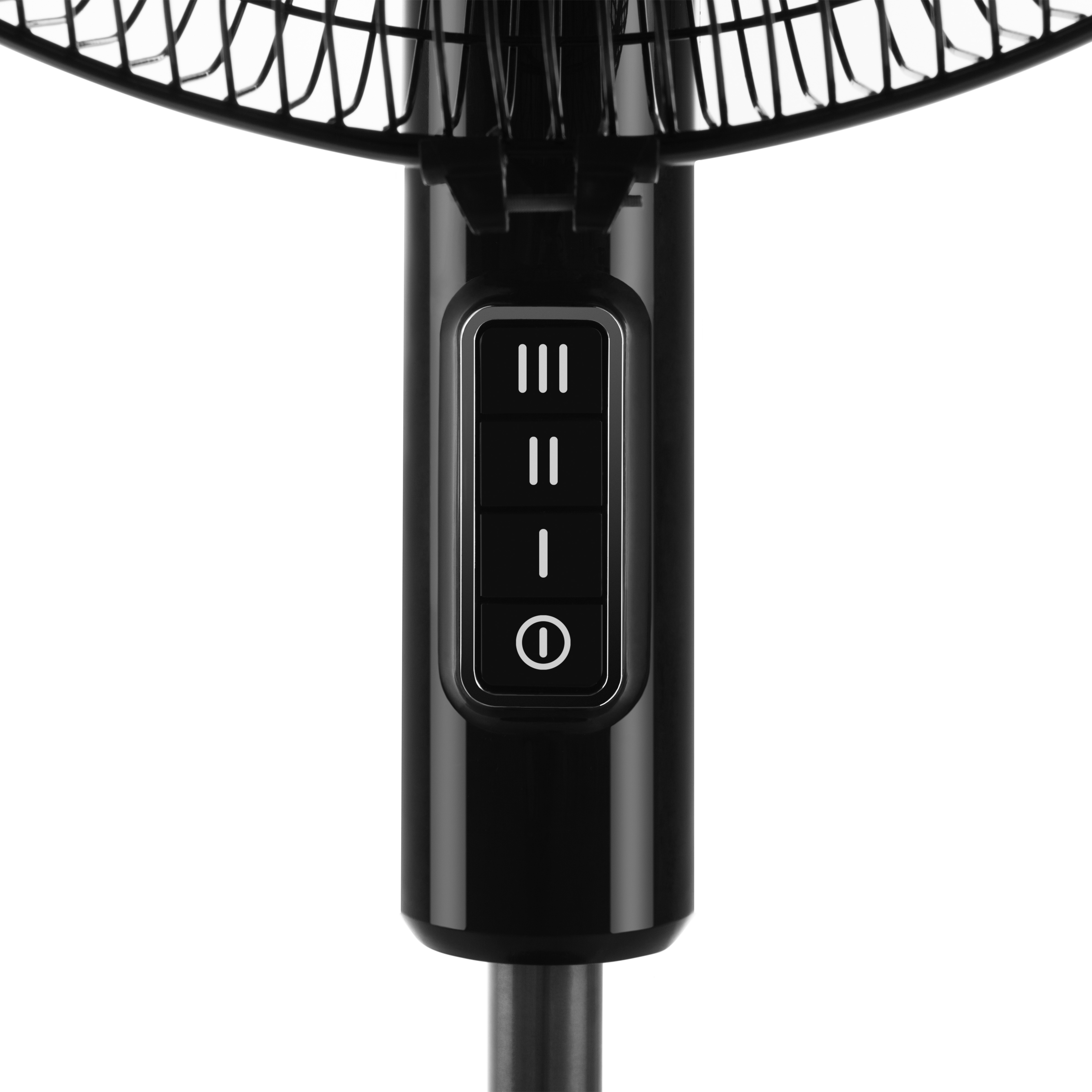 Czarny panel sterowania wentylatorem z przyciskami prędkości i zasilania.