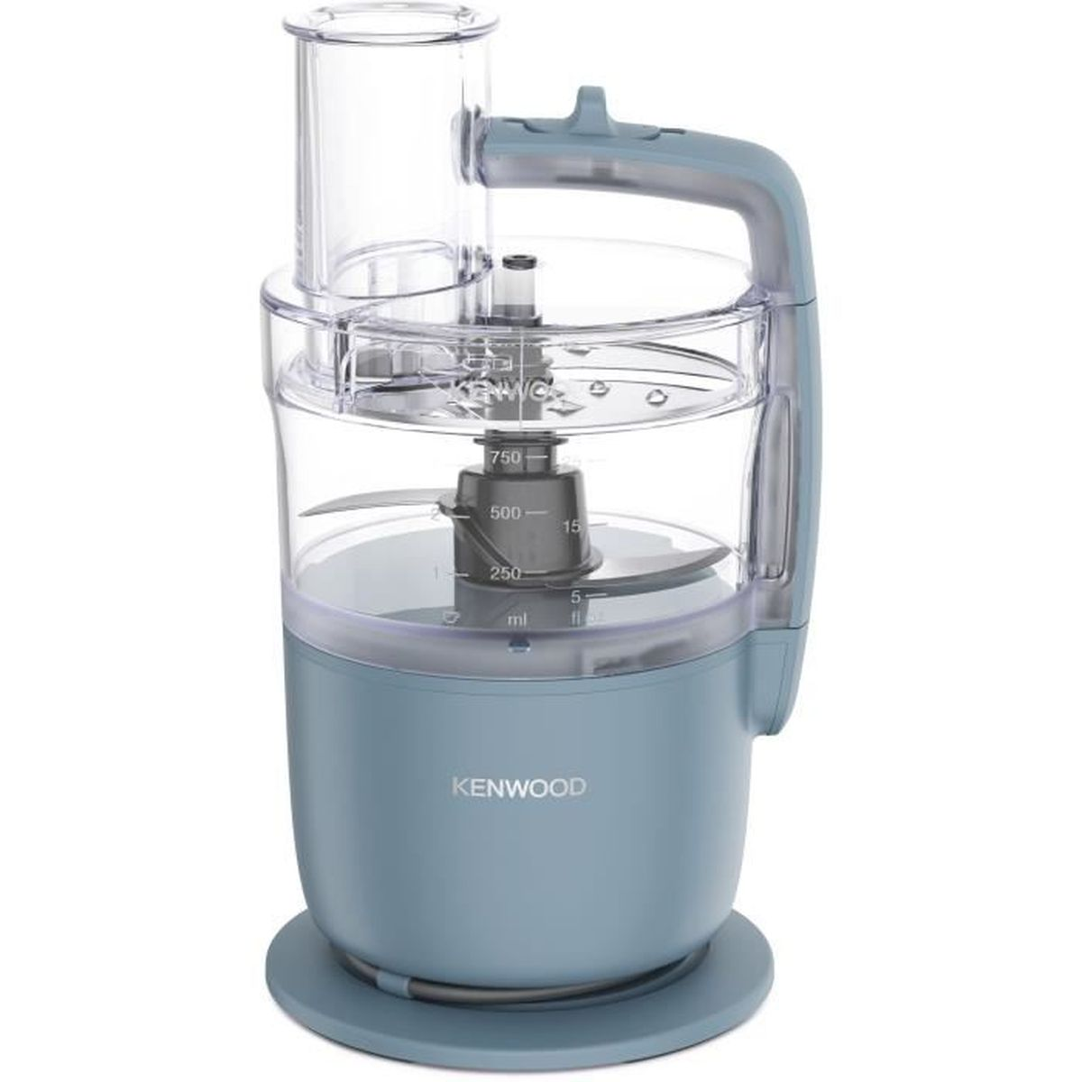 Un robot da cucina Kenwood blu con ciotola trasparente e segni di misurazione.