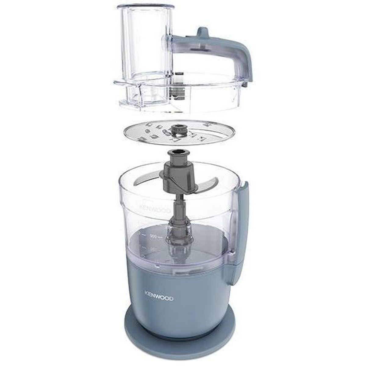 Un robot da cucina Kenwood blu con ciotola trasparente e gruppo lame.