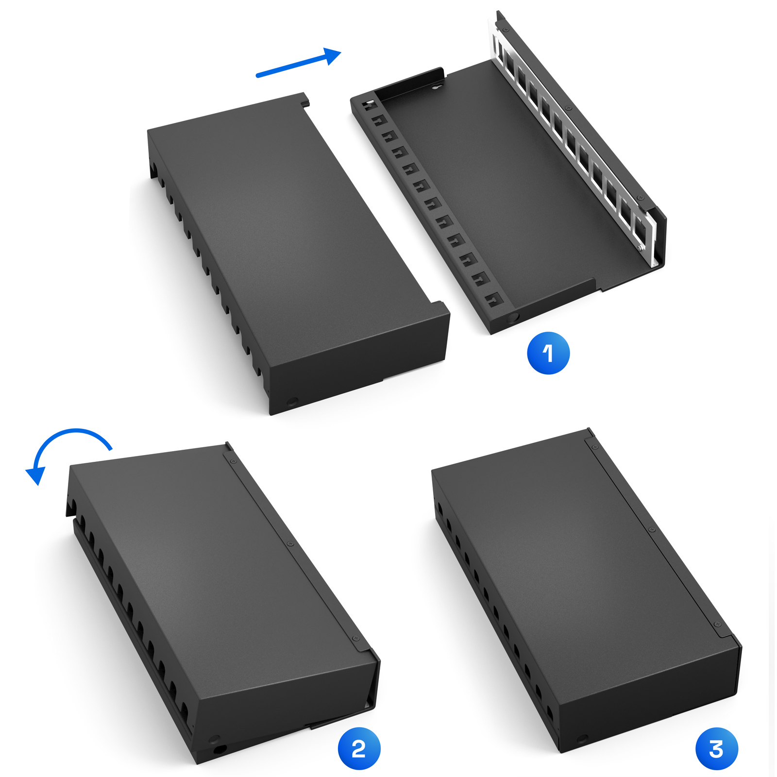 Schwarze Rack-montierbare Ausrüstung. Zeigt Montageschritte. Teile sind Front- und Rückseite.