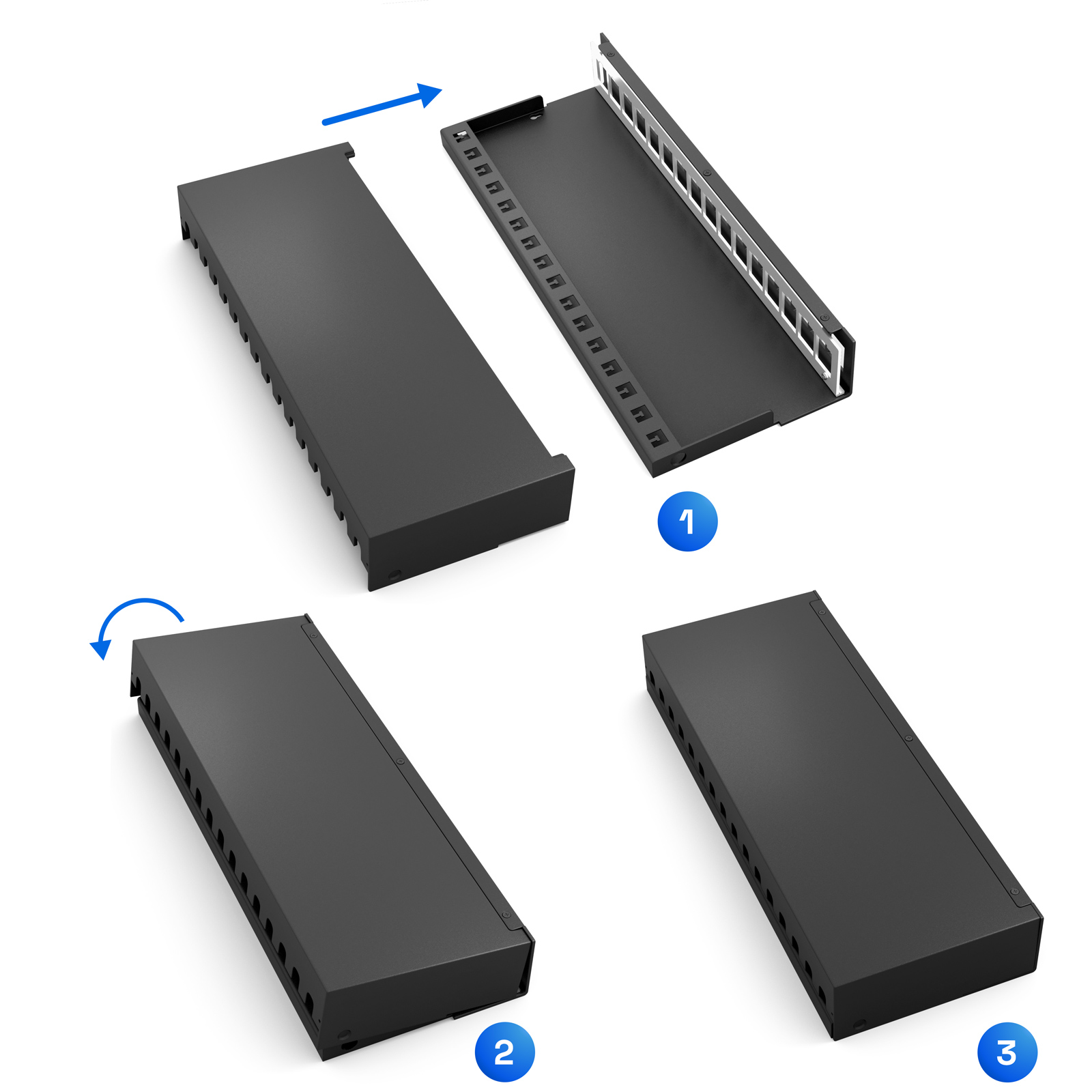 Schwarzes Netzwerkpanel mit den Schritten 1, 2 und 3, die den Montageprozess zeigen, vor weißem Hintergrund.