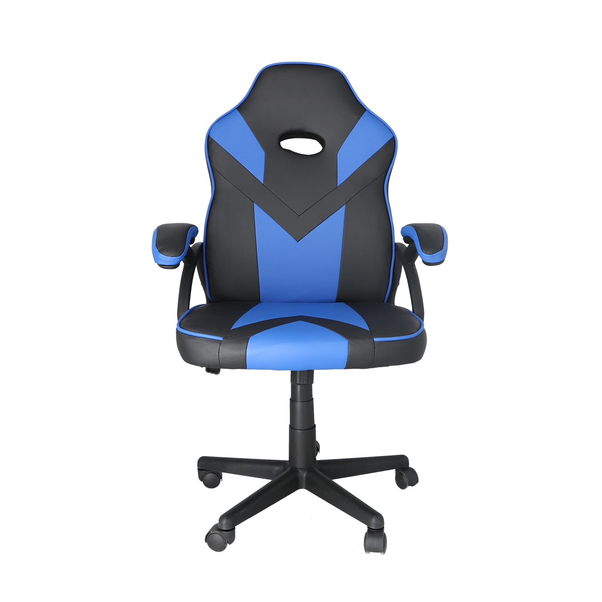Silla gamer con diseño negro y azul. El fondo es blanco.
