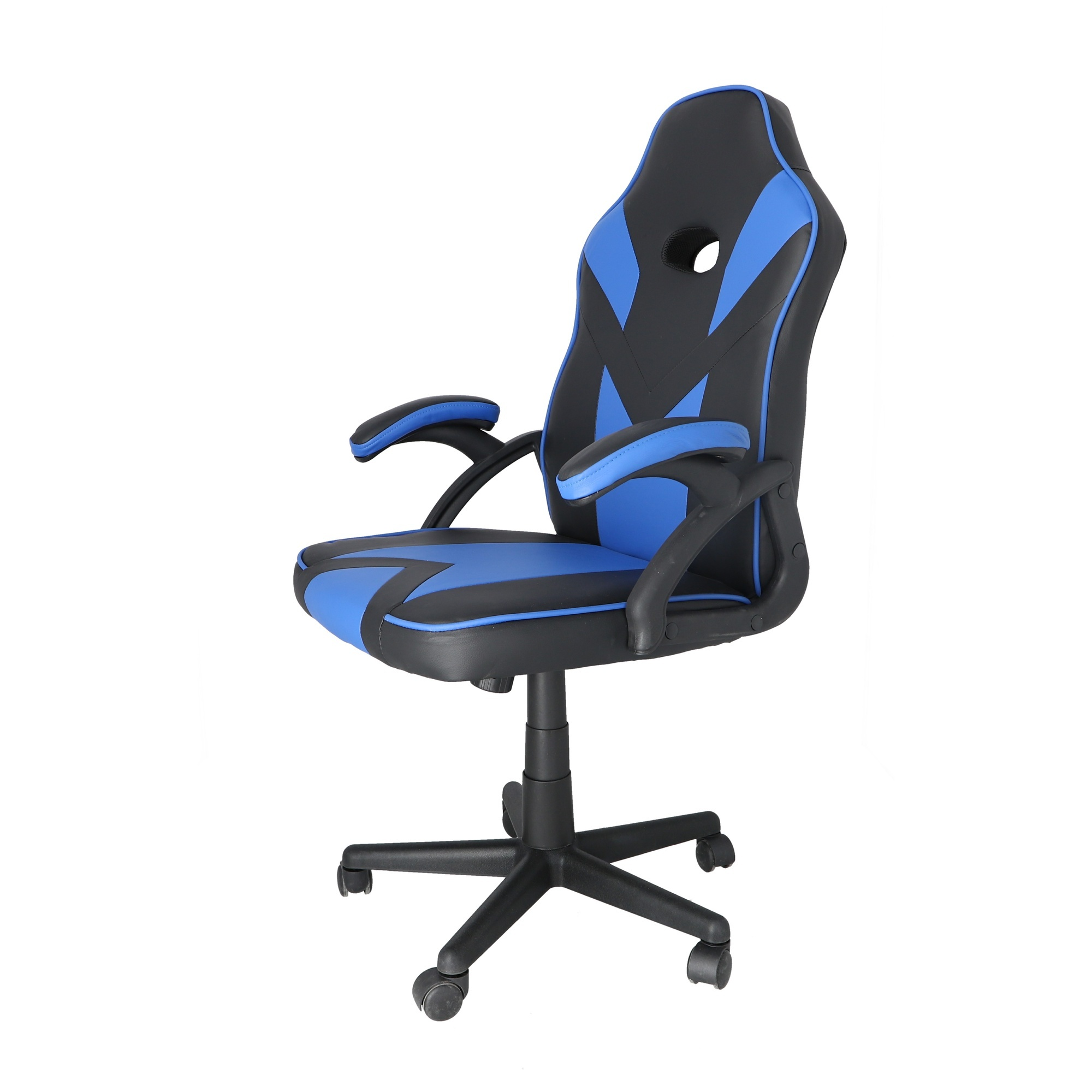 Silla gaming, negro y azul, con fondo blanco.