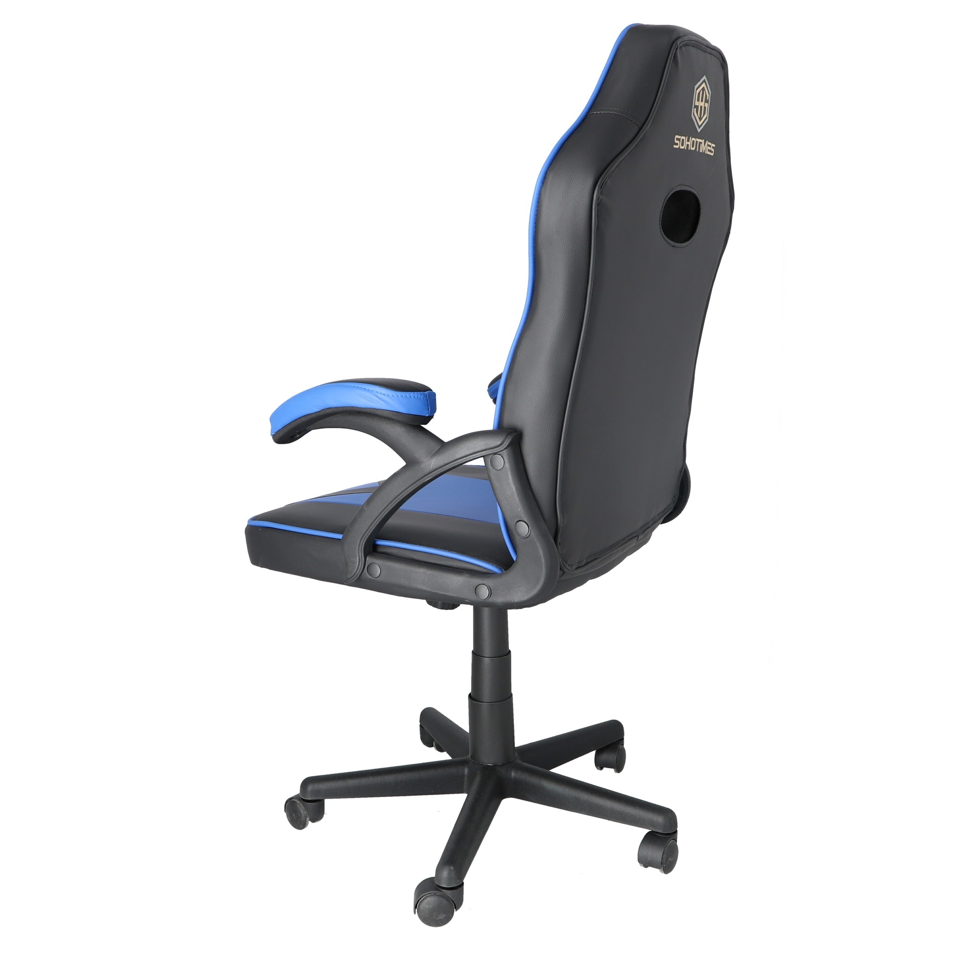 Silla gaming con detalles azules, base negra, respaldo hacia la cámara.