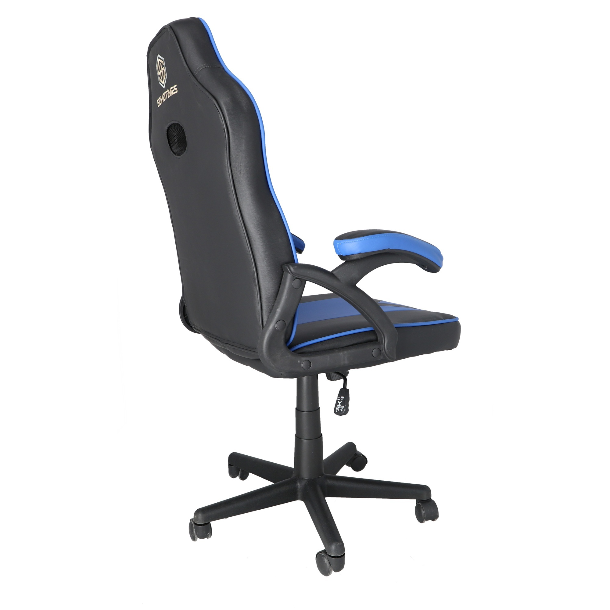 Silla gaming negra y azul. La silla tiene base negra, respaldo y detalles azules.