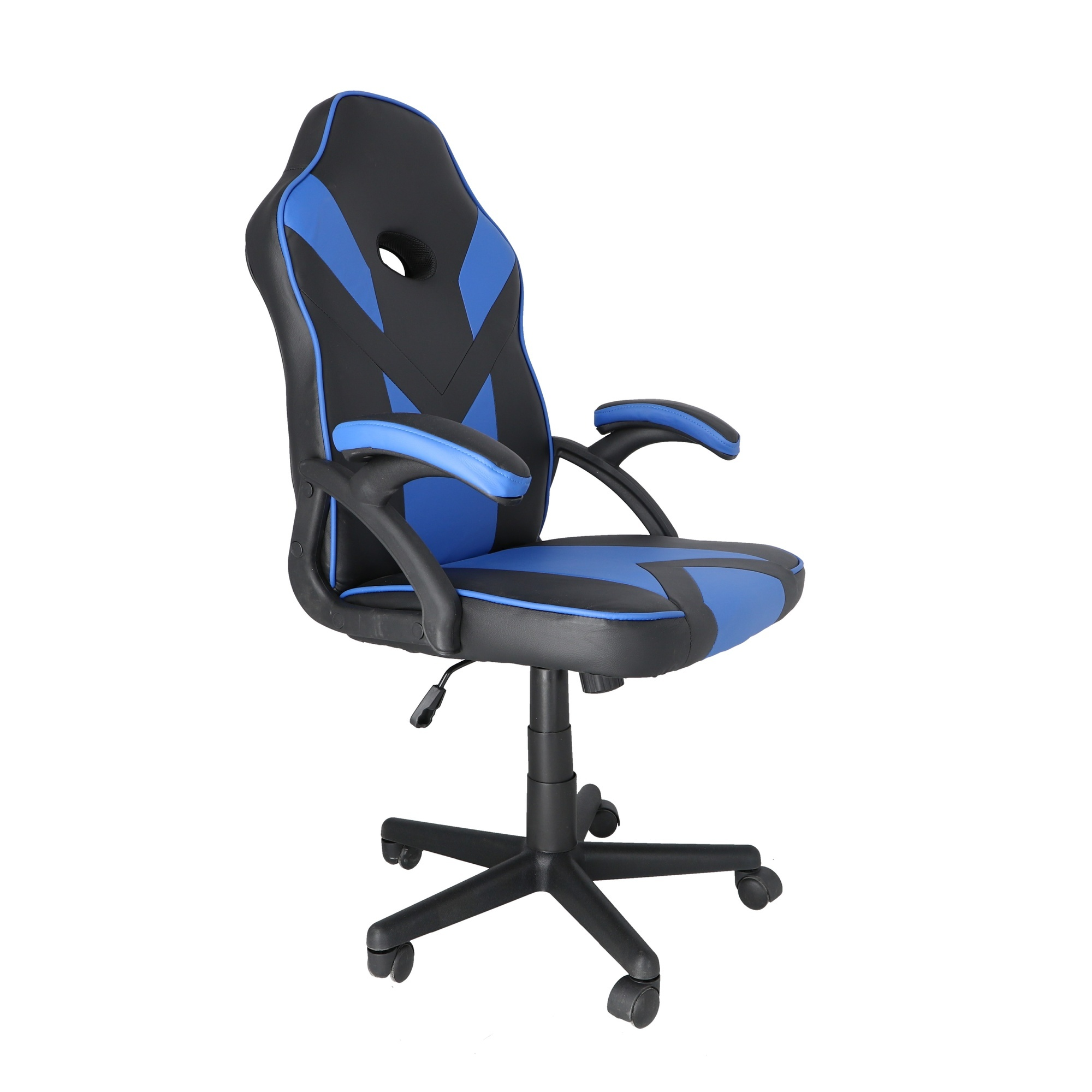 Silla gamer, negra y azul, con respaldo alto y reposacabezas. Tiene ruedas y reposabrazos.