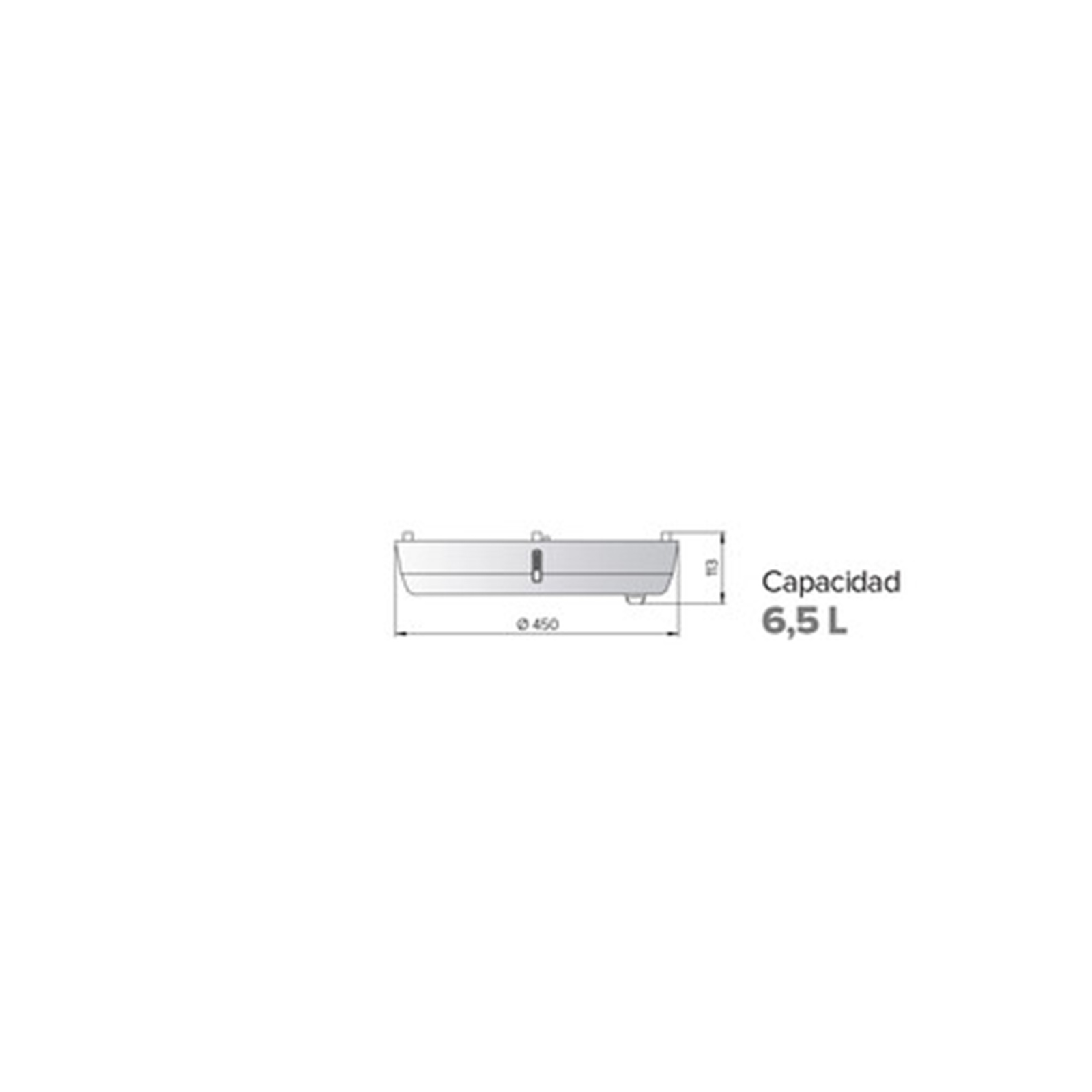 Diagrama blanco con dimensiones y texto 'Capacidad 6,5 L' mostrando un objeto blanco.
