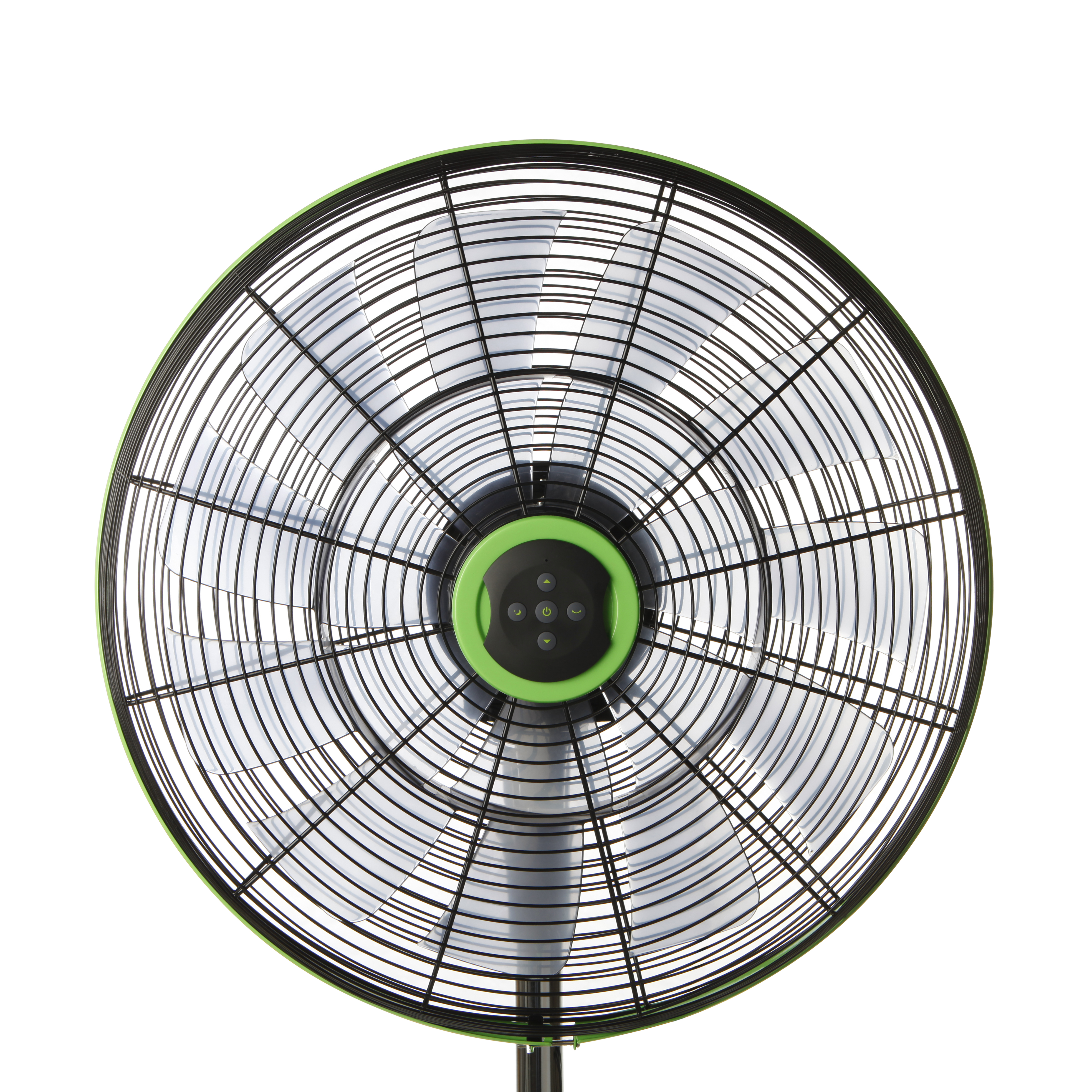 Widok z góry na zielono-czarny wentylator stojący, widoczne łopatki.