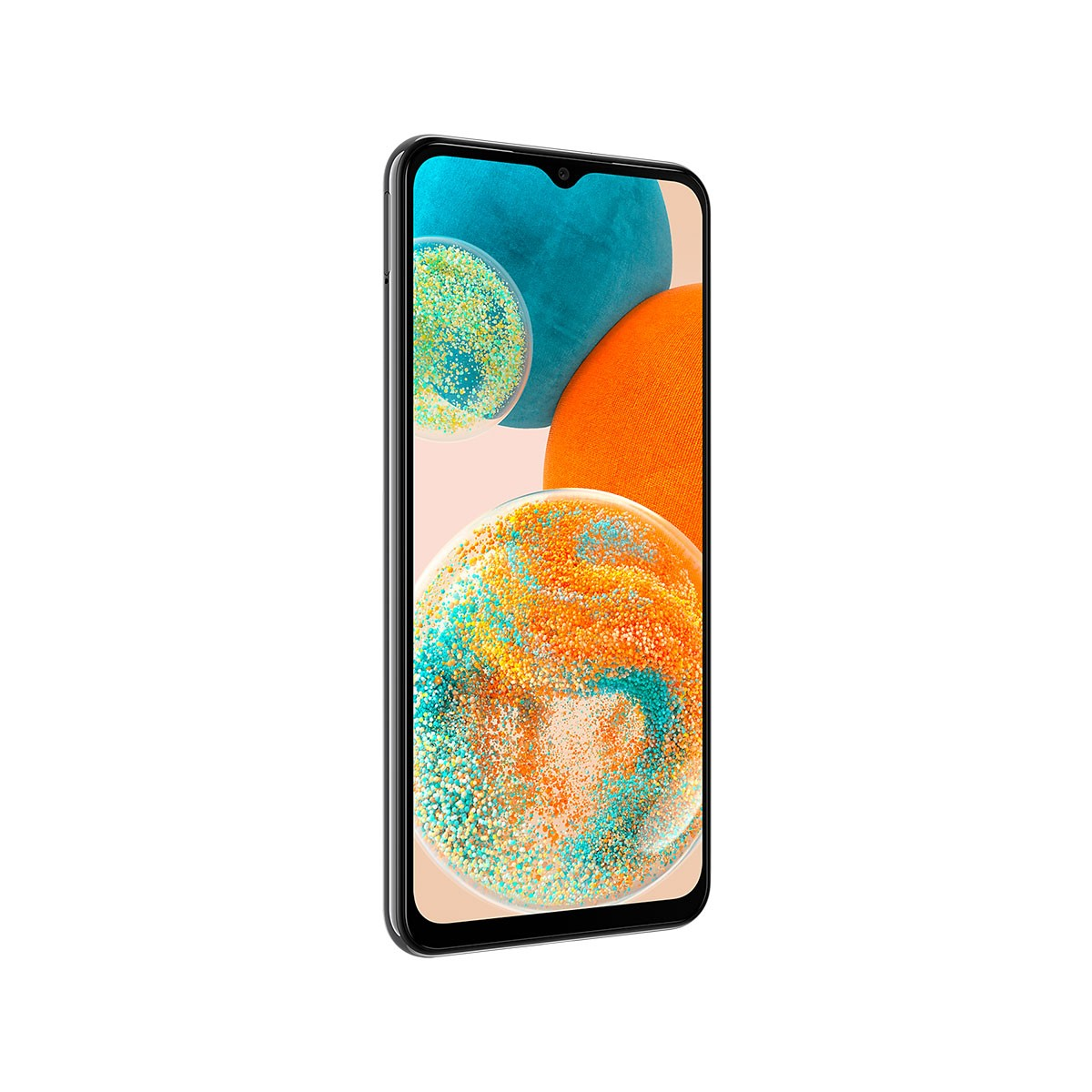 Un smartphone negro que muestra un diseño colorido en su pantalla.