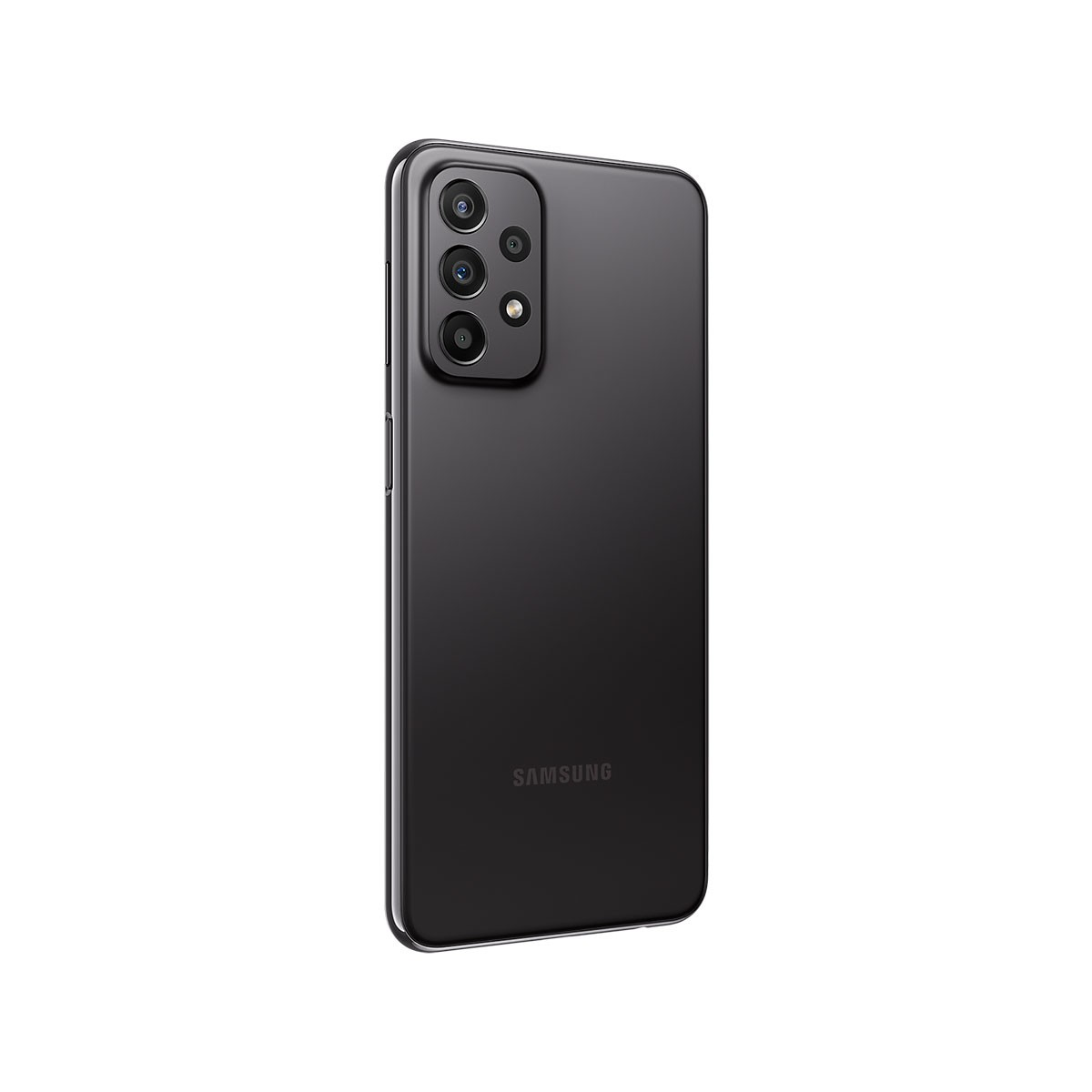 Vista trasera de un teléfono Samsung negro. Presenta múltiples lentes de cámara y el logotipo Samsung.