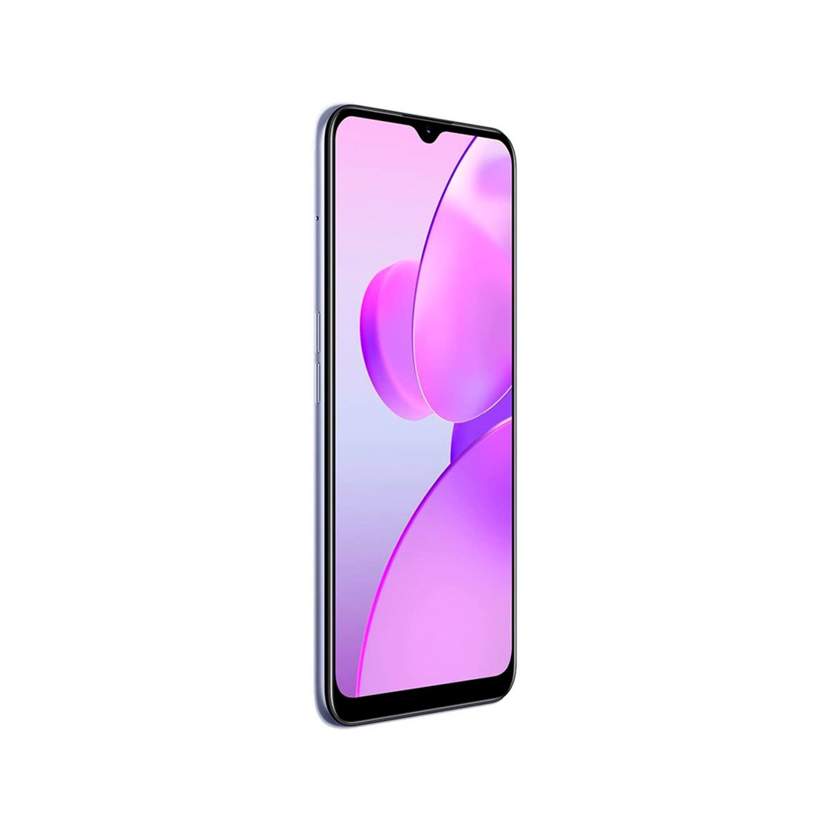 Ein blaues Smartphone mit lila Bildschirm. Der Bildschirm zeigt ein lila-weißes abstraktes Design.
