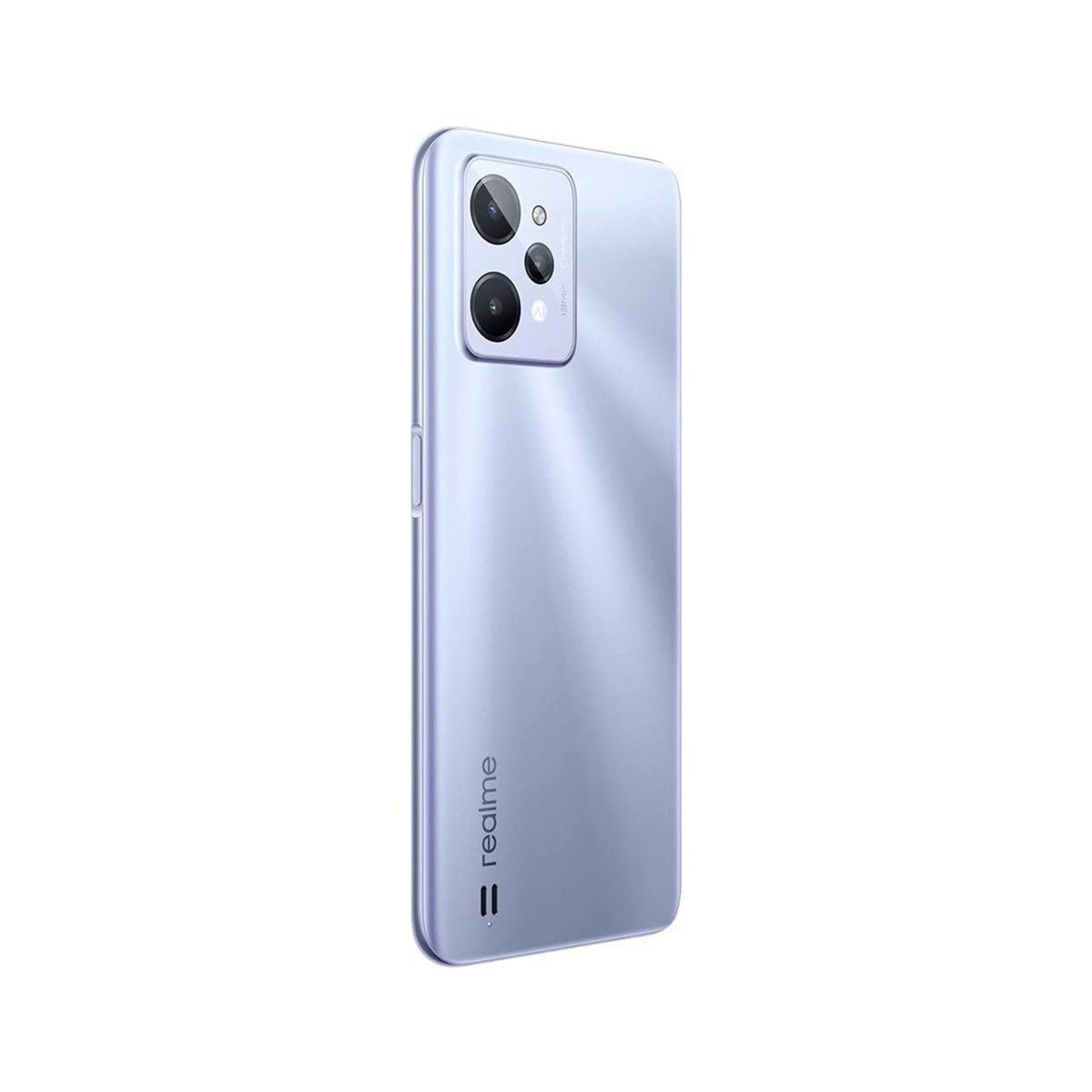 Ein hellblaues Realme-Telefon, von hinten schräg gesehen.
