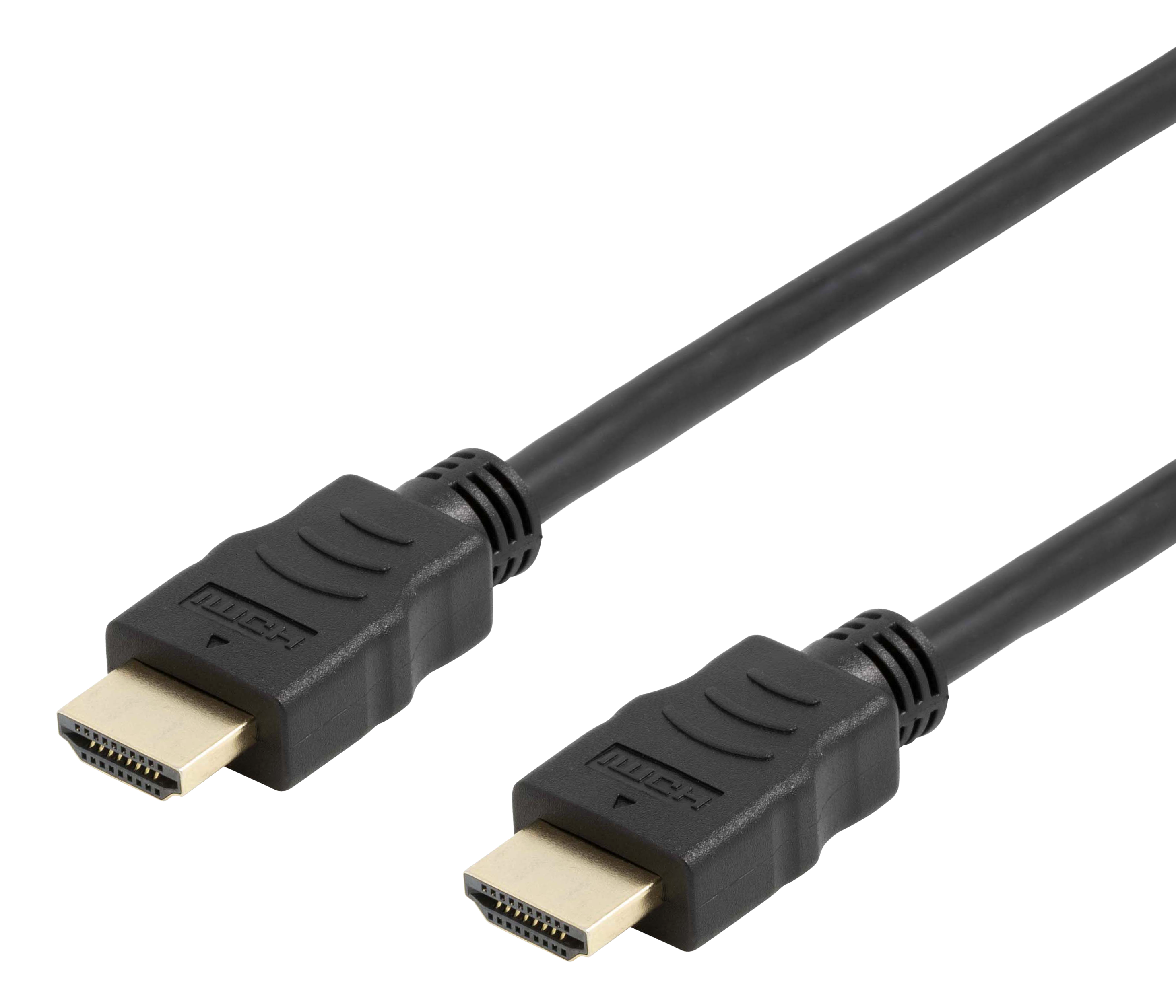 Zwarte HDMI-kabel met gouden connectoren, op een zwarte achtergrond, beide uiteinden tonend.