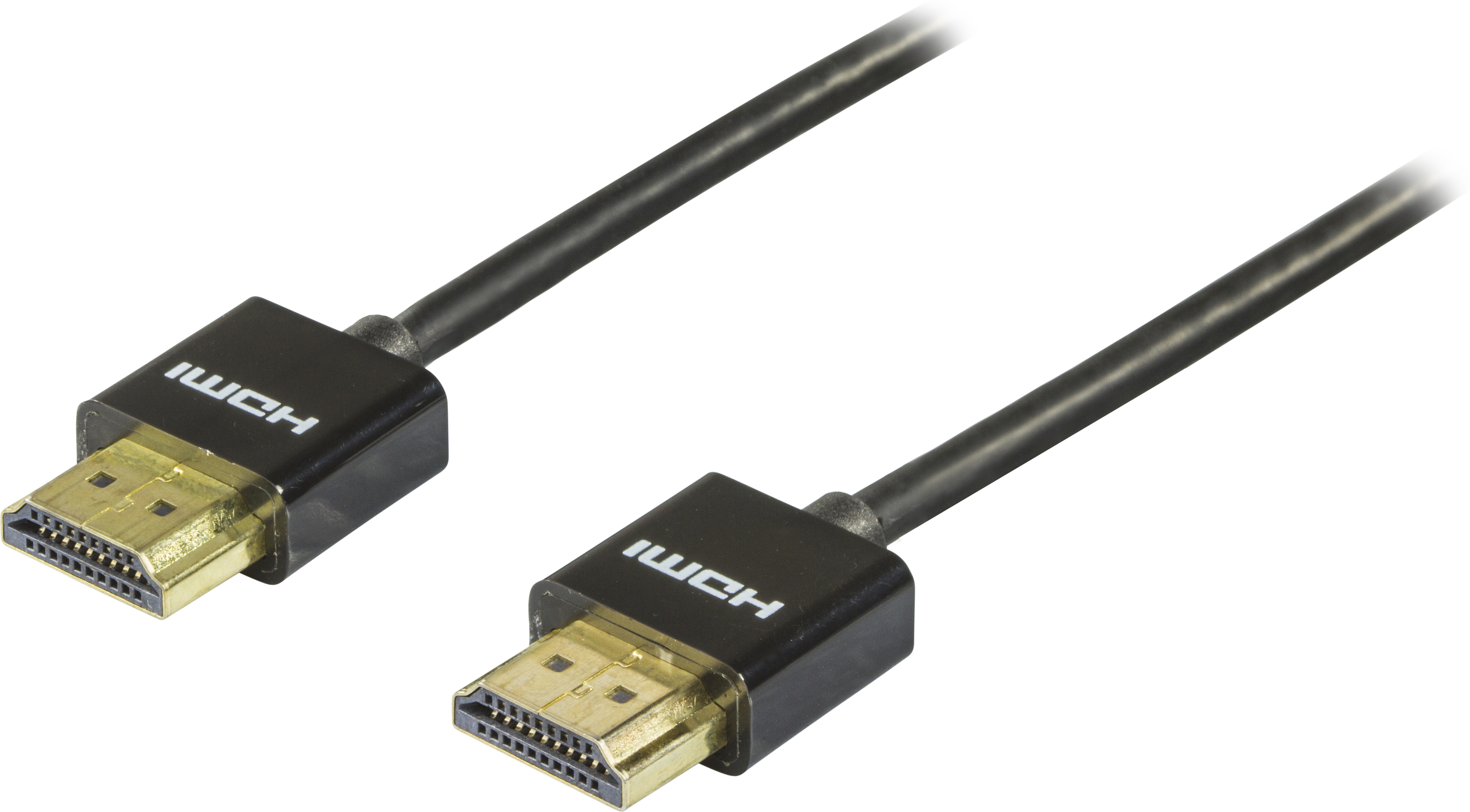 Zwarte HDMI-kabel met zwarte connectoren. Witte achtergrond.