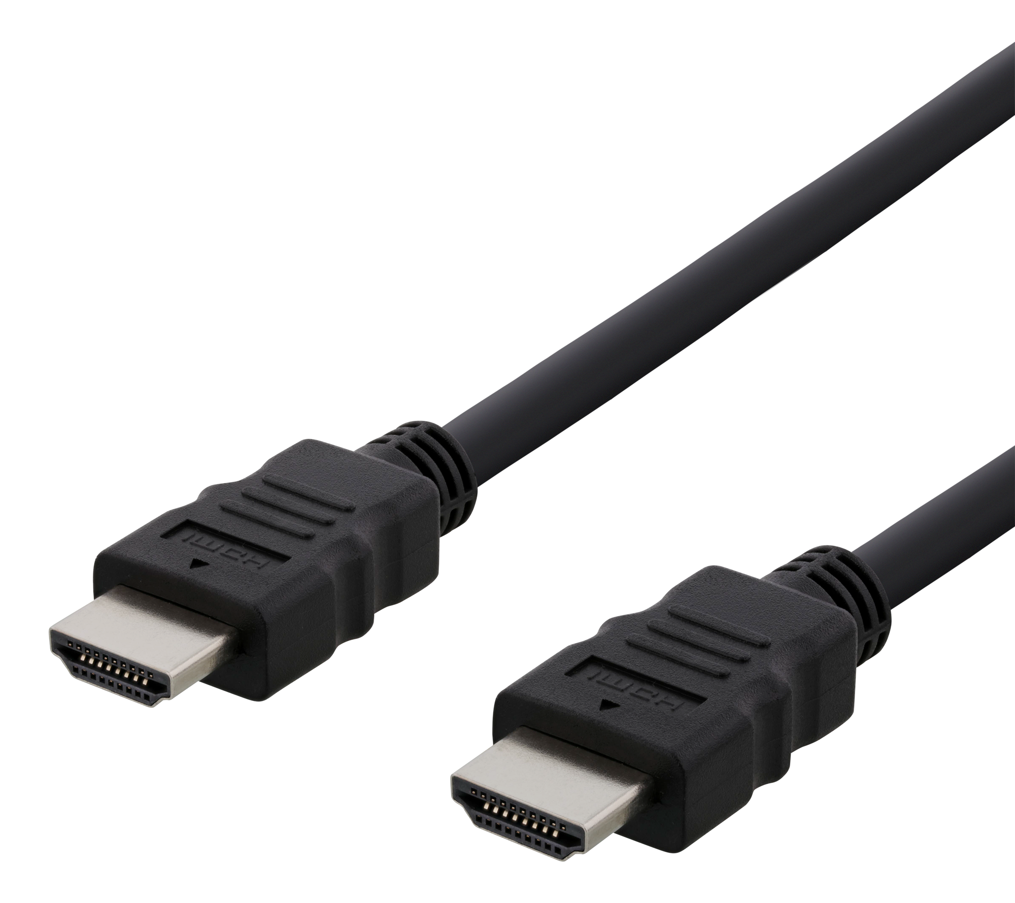 Twee zwarte HDMI-kabels met zichtbare connectoren tegen een zwarte achtergrond. De connectoren hebben HDMI-logo's.
