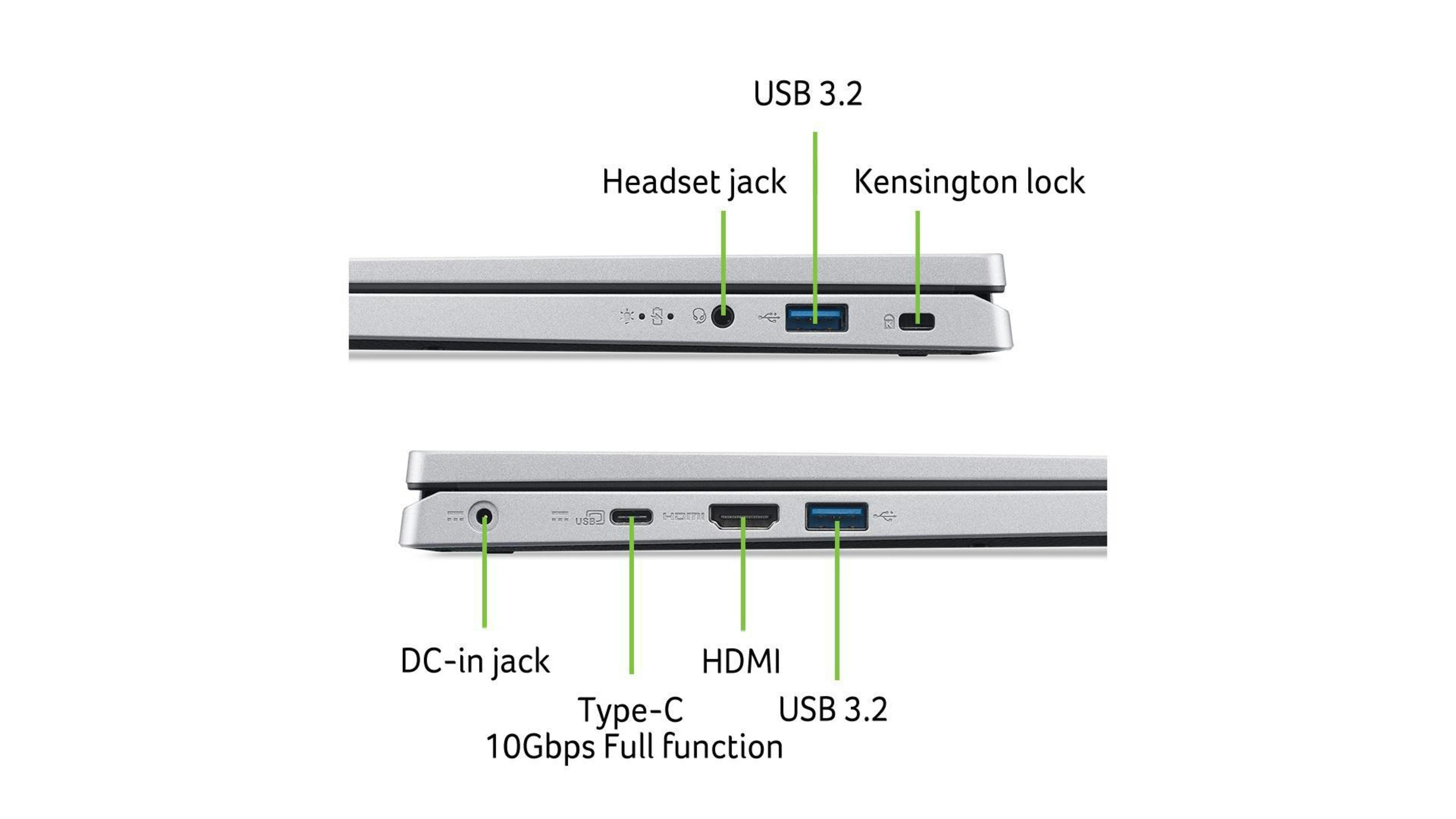 Seitenansicht von zwei Laptops mit Beschriftungen, einschließlich USB-, HDMI- und Headset-Anschlüssen, plus Kensington-Schloss.