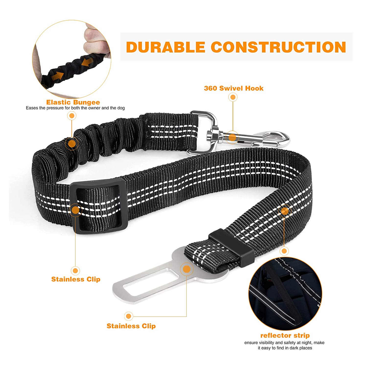 Hundeleine mit Details: elastischer Bungee, Edelstahlclips und reflektierende Streifen.