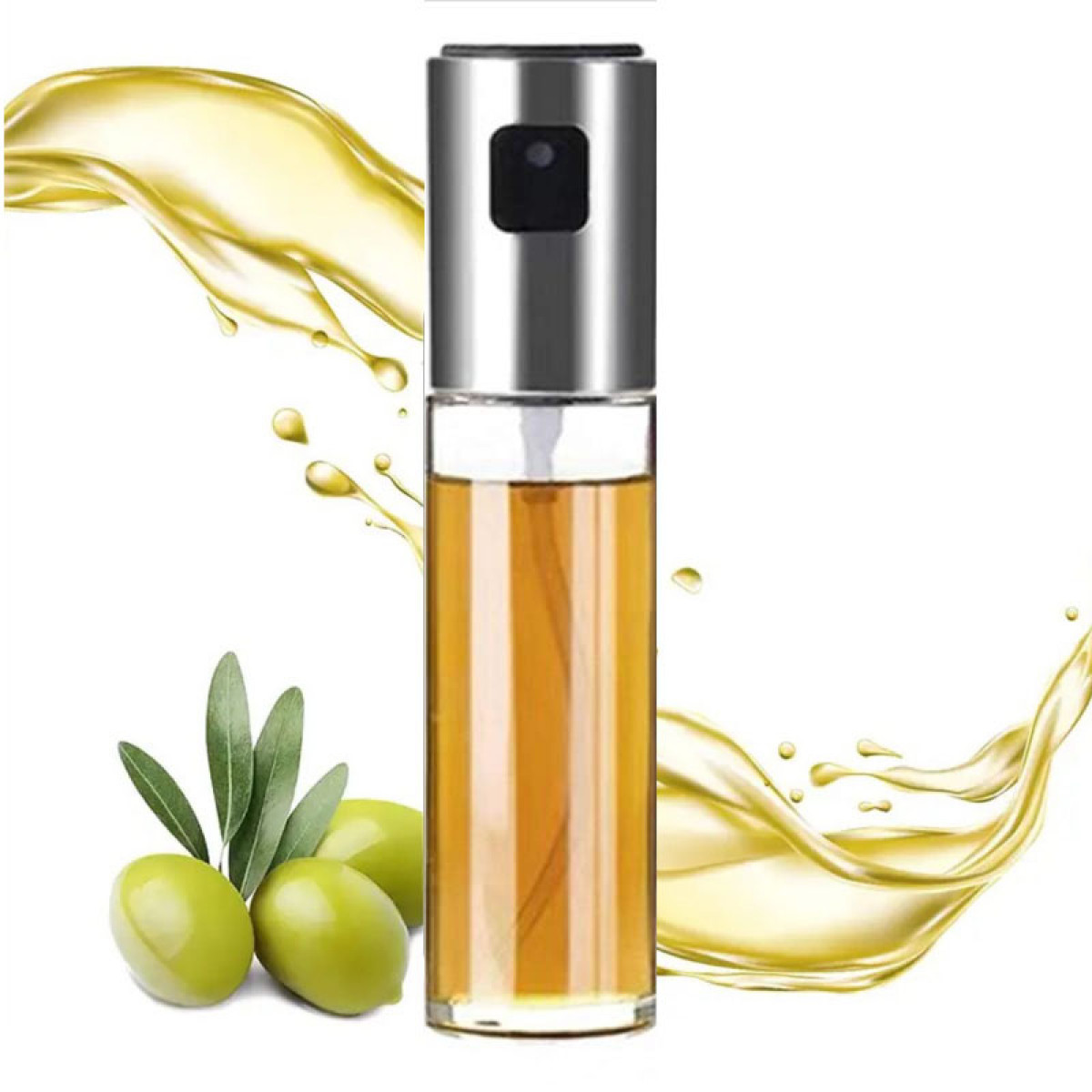 Butelka z rozpylaczem do oliwy z oliwek z oliwkami i liśćmi oliwnymi.