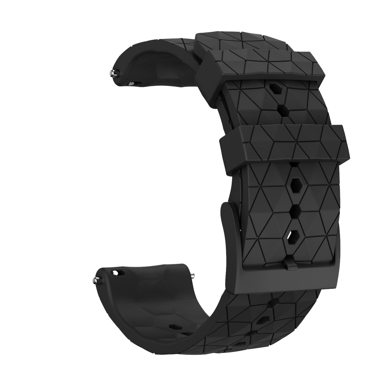 Cinturino nero con motivo geometrico. Fibbia e connettori visibili su sfondo bianco.