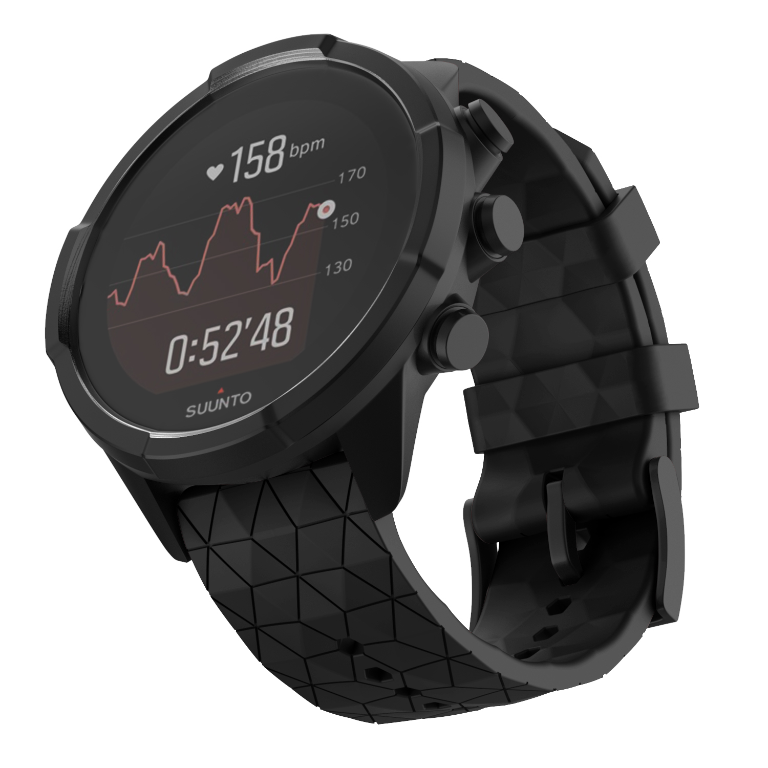 Un orologio Suunto nero che mostra la frequenza cardiaca e l'ora, con un cinturino nero strutturato.