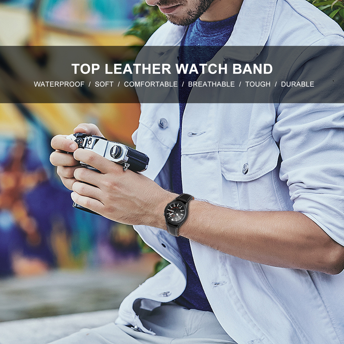 Mężczyzna z zegarkiem na nadgarstku, trzymający aparat. Tekst brzmi 'Top Leather Watch Band'.