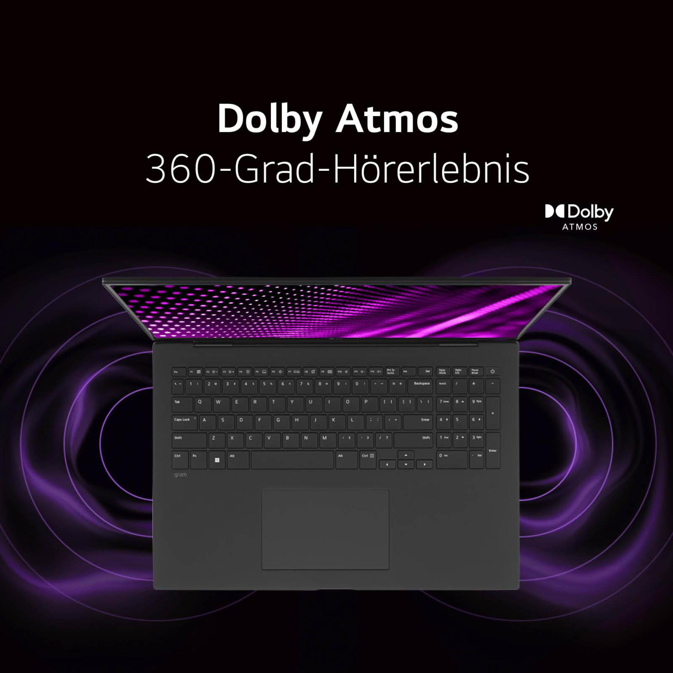 Laptop mit geöffnetem Bildschirm, der lila Grafiken, Dolby Atmos-Text und lila Schallwellen zeigt.