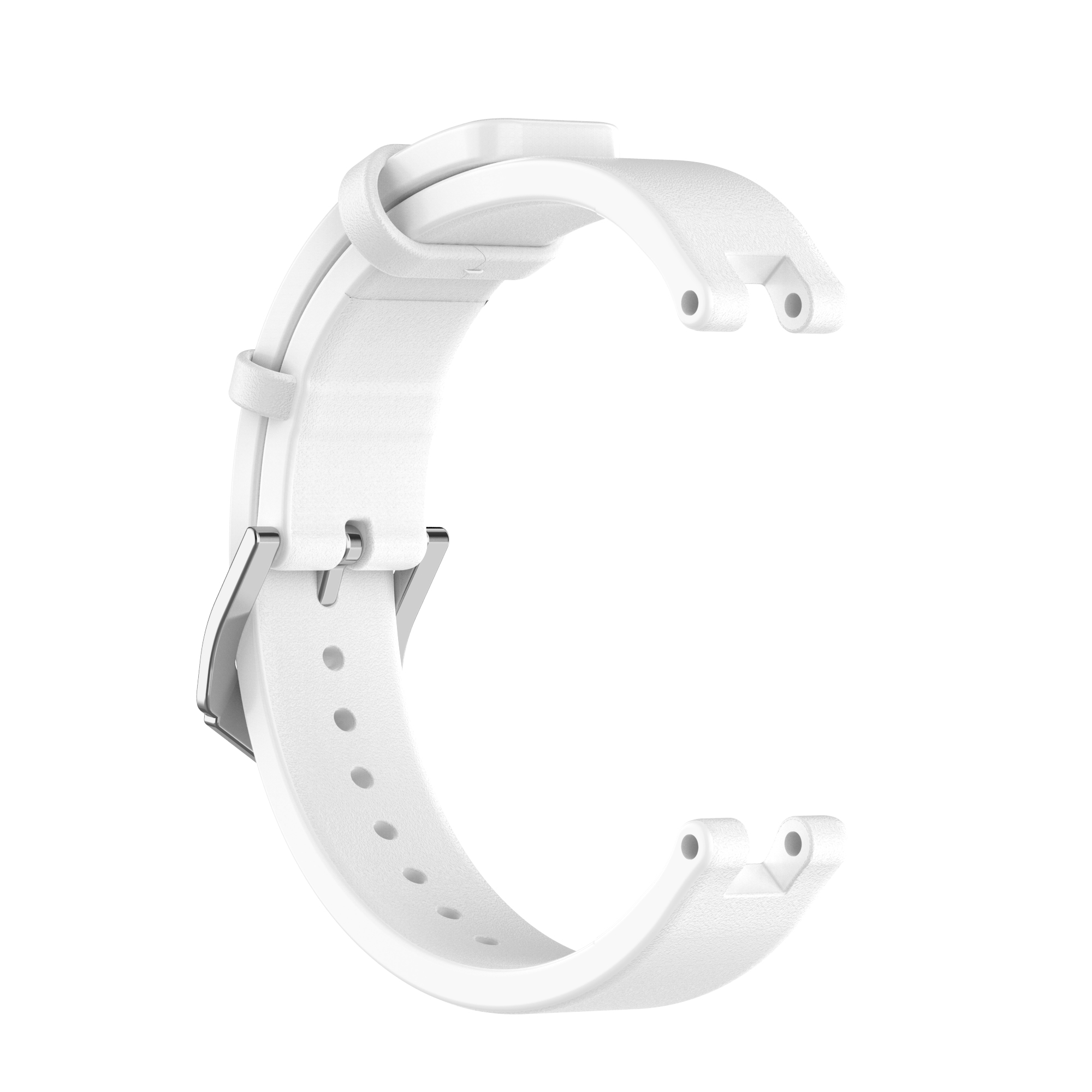Biały pasek do zegarka z klamrą, leżący na białej powierzchni. Pasek jest zakrzywiony i w kształcie „C”.