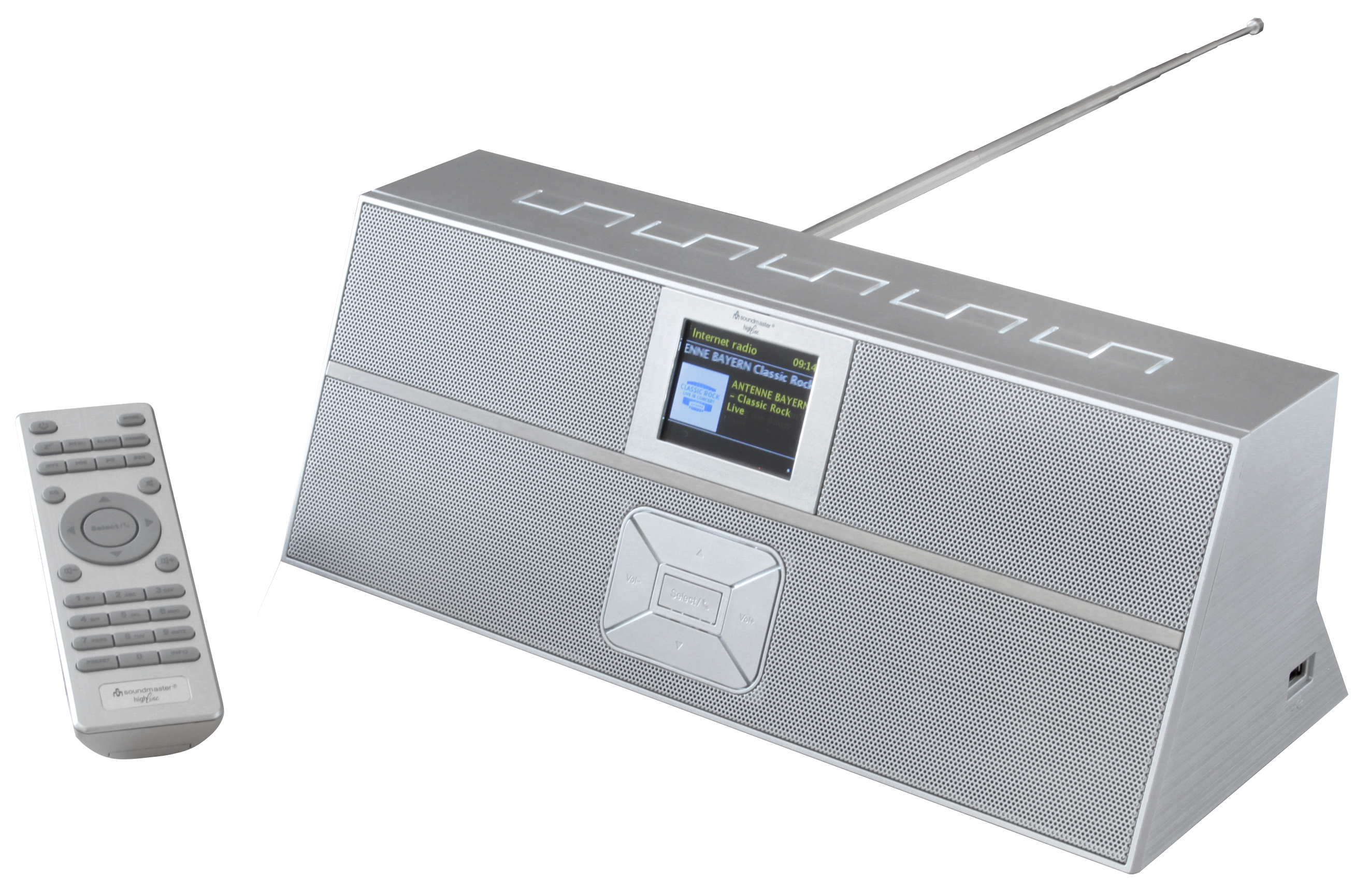 Silber-schwarzes Internetradio mit Fernbedienung und Display.