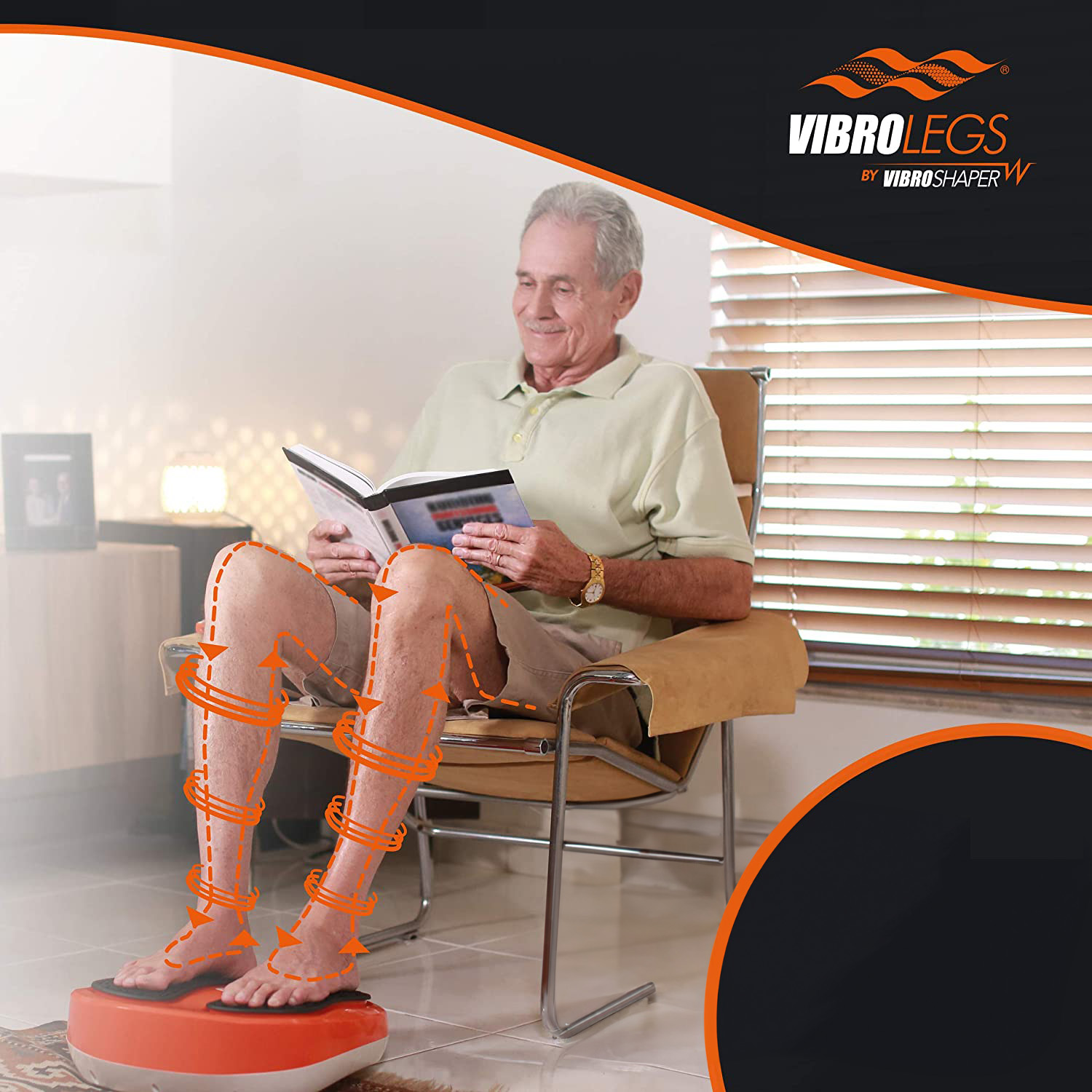 Homme lisant, utilisant un masseur de jambes.
