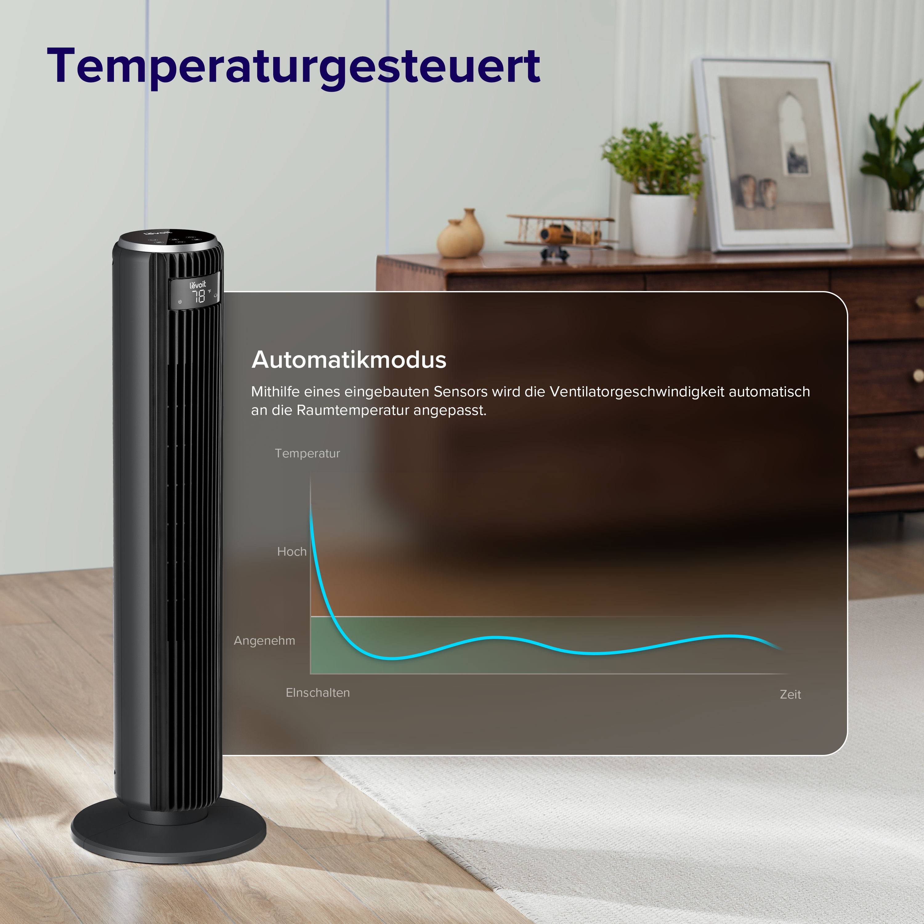 Schwarzer Turmventilator mit Bildschirm, Diagramm und Inneneinrichtung im Hintergrund.