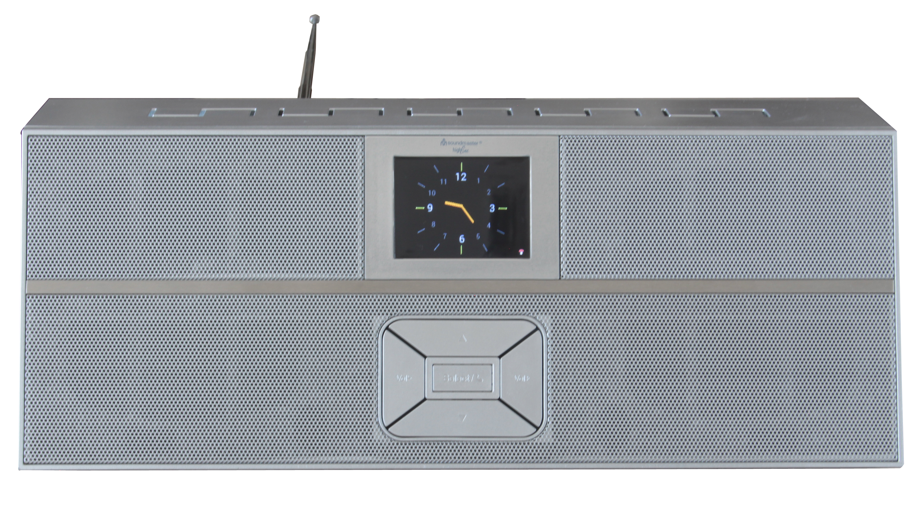 Silbernes Radio mit einer Uhranzeige. Das Radio hat ein silbernes Gehäuse und eine Antenne. Die Bedienelemente befinden sich unten.