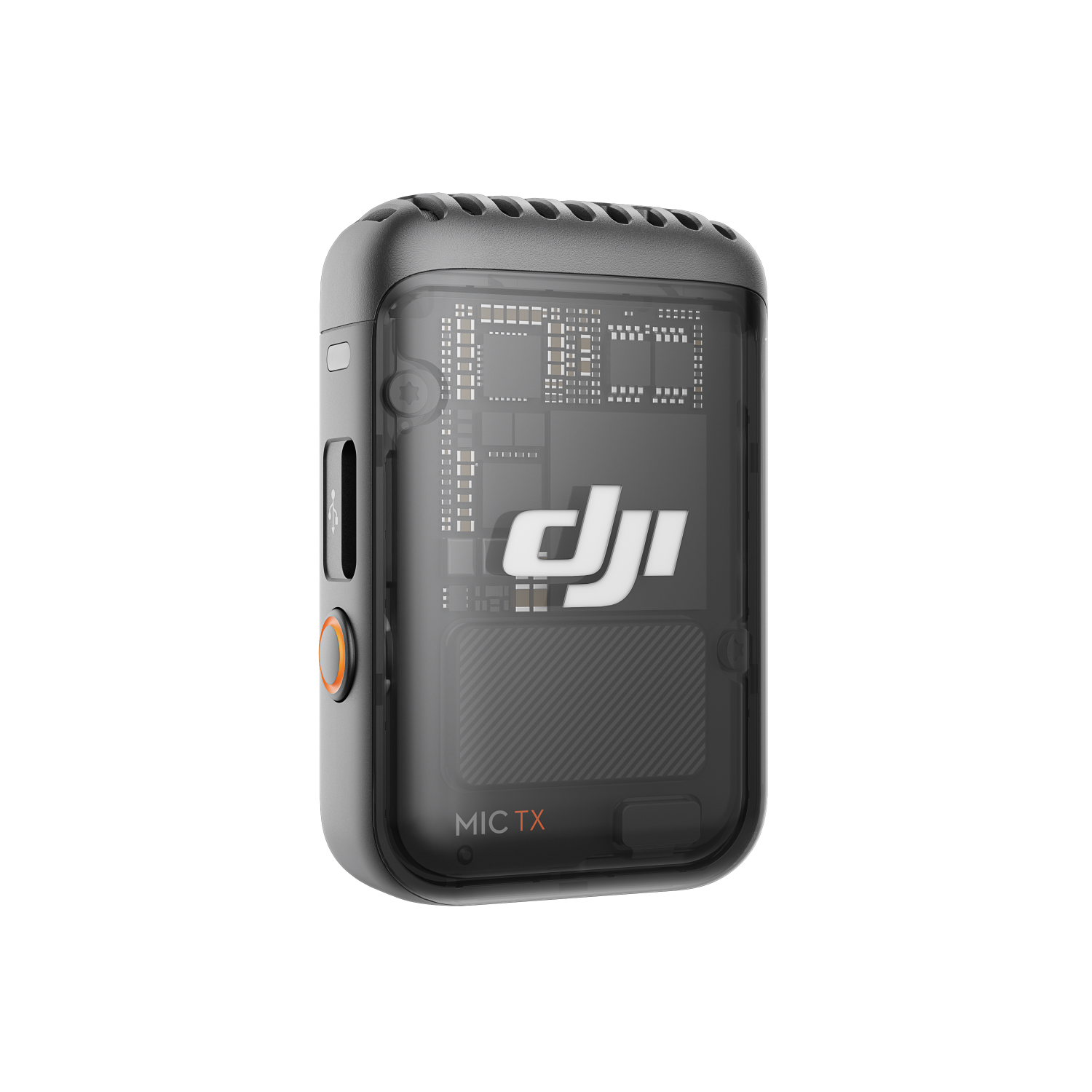 Czarne urządzenie DJI Mic Tx. Urządzenie jest przezroczyste z białym logo DJI.